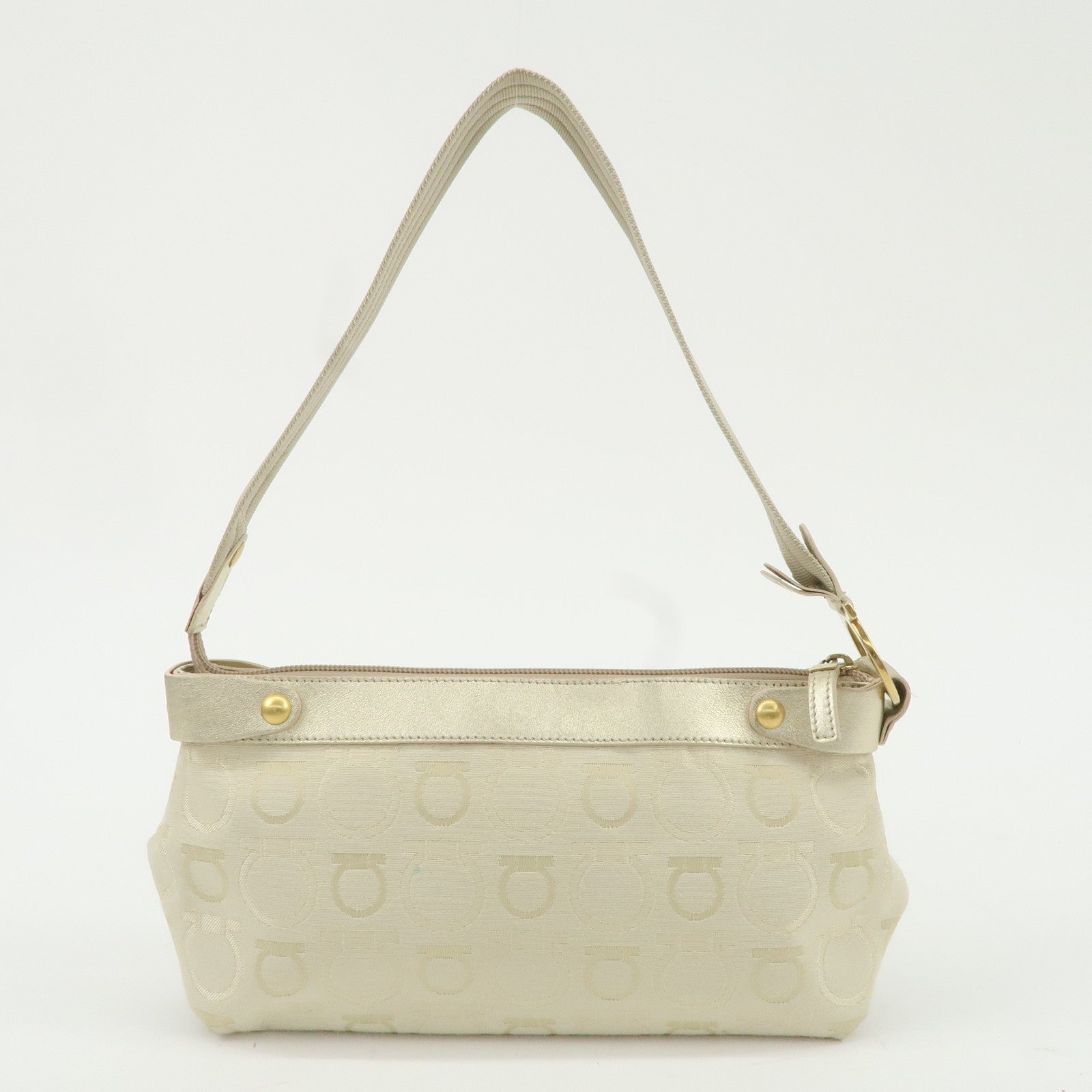 Ferragamo Canvas Leather Gancini Shoulder Bag Beige Gold