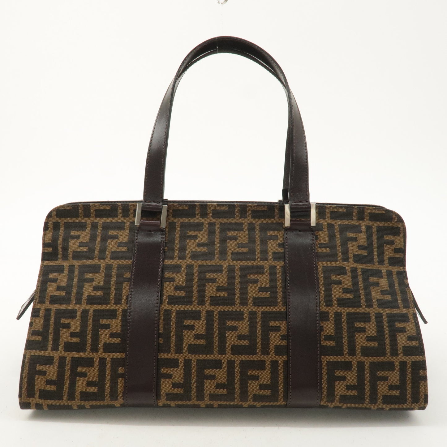 FENDI Zucca Canvas Leather Handbag Brown Black 16309