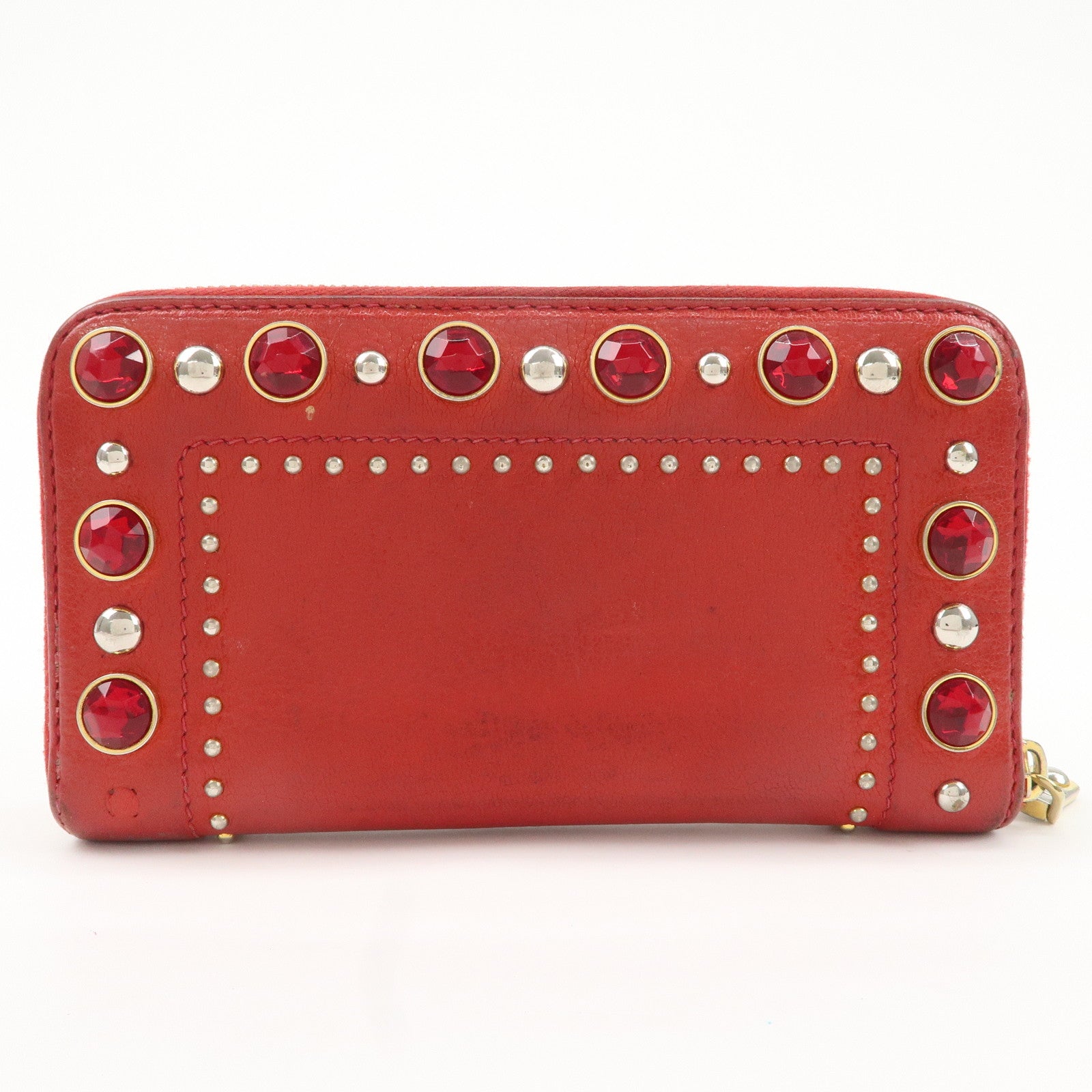 MIU MIU Leather Round Zipper Long Wallet Bijou Studs Red Used