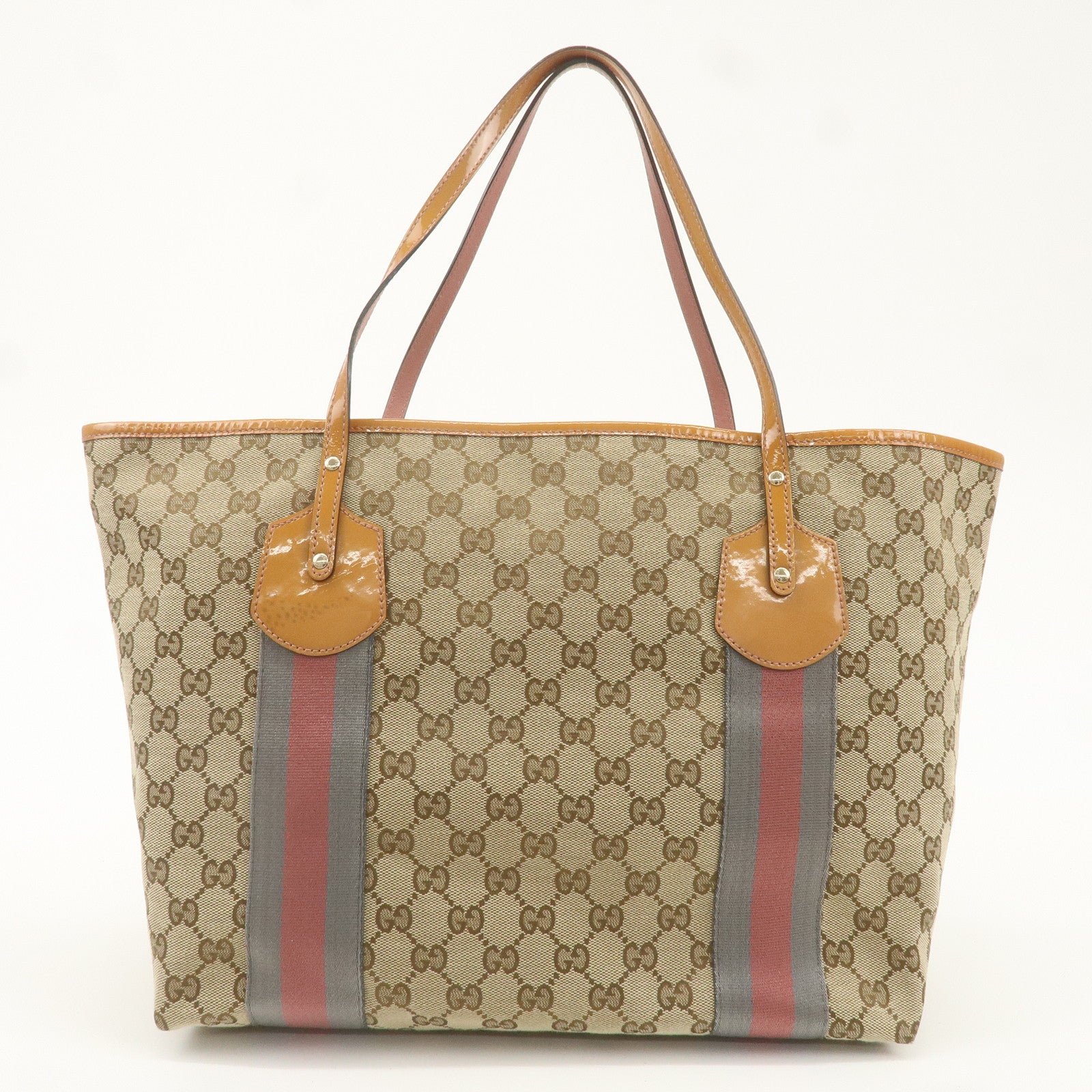 GUCCI Sherry Enamel Leather GG Canvas Tote Bag Beige 211970