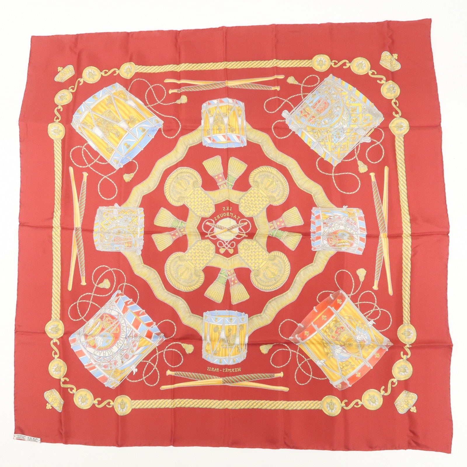 HERMES Carre 90 100% Silk Scarf LES TAMBOURS Drum Print Wine Red Used