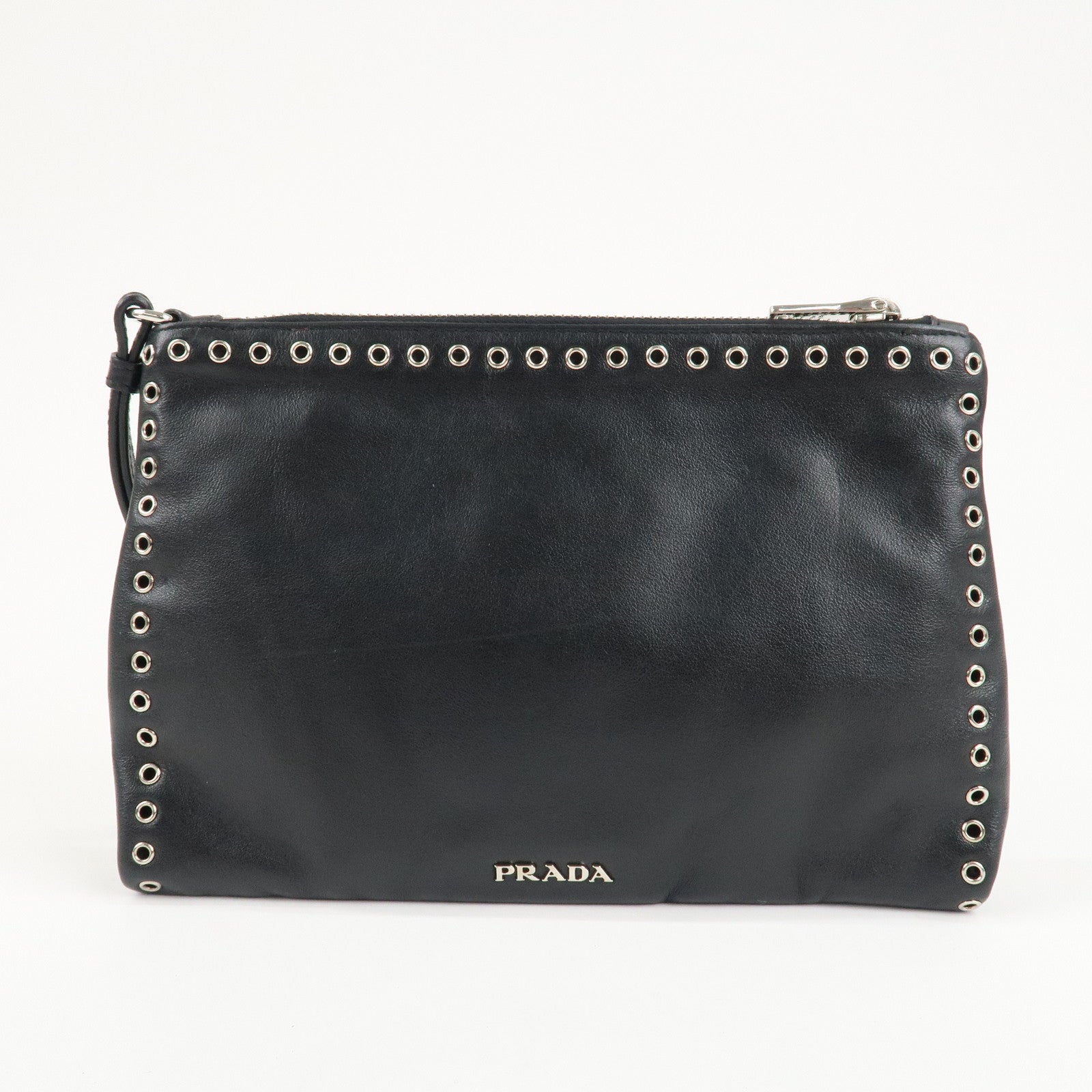 PRADA Logo Leather Line Stone Pouch Black Silver