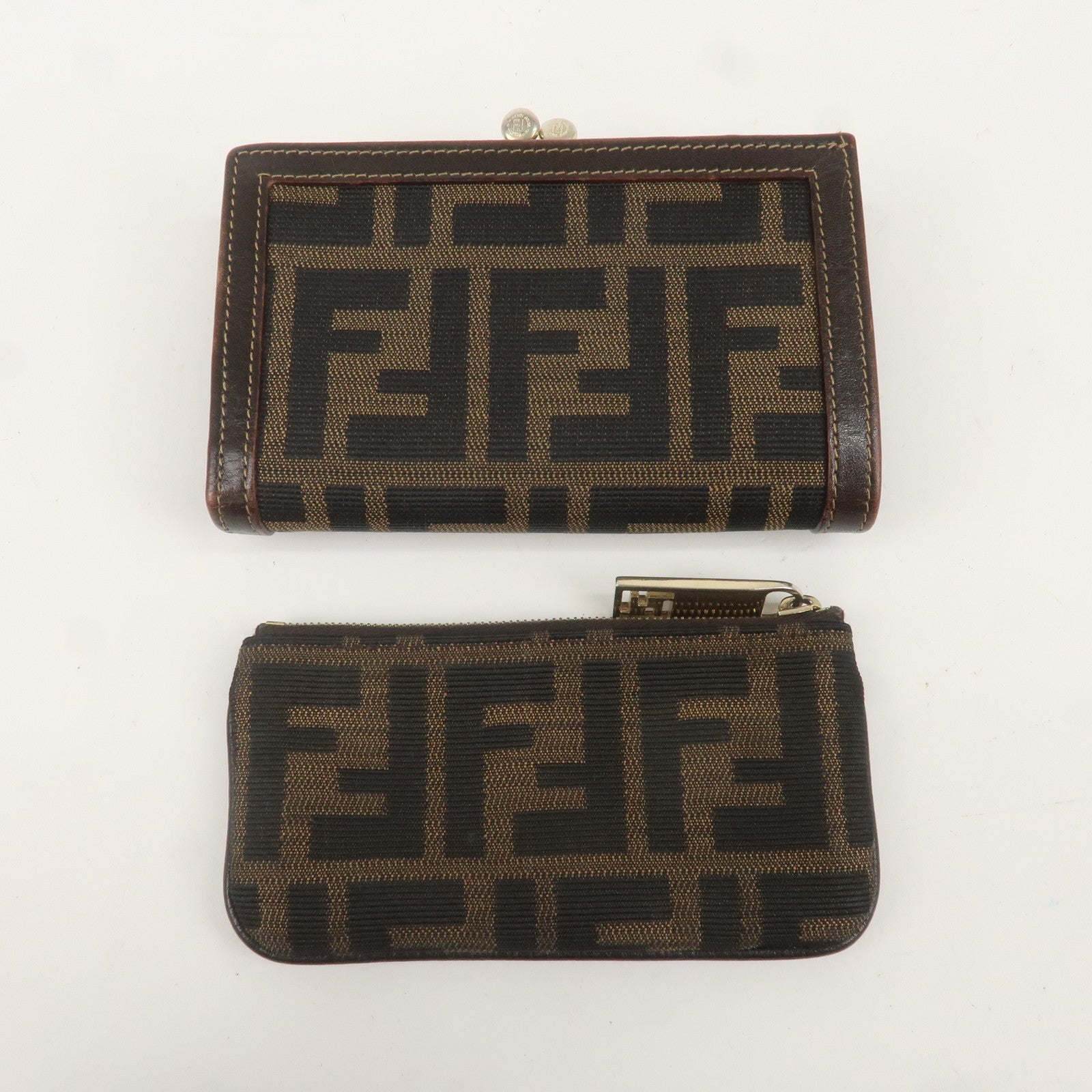 FENDI Set of 2 Zucca Canvas Leather Wallet & Coin Case Brown Black