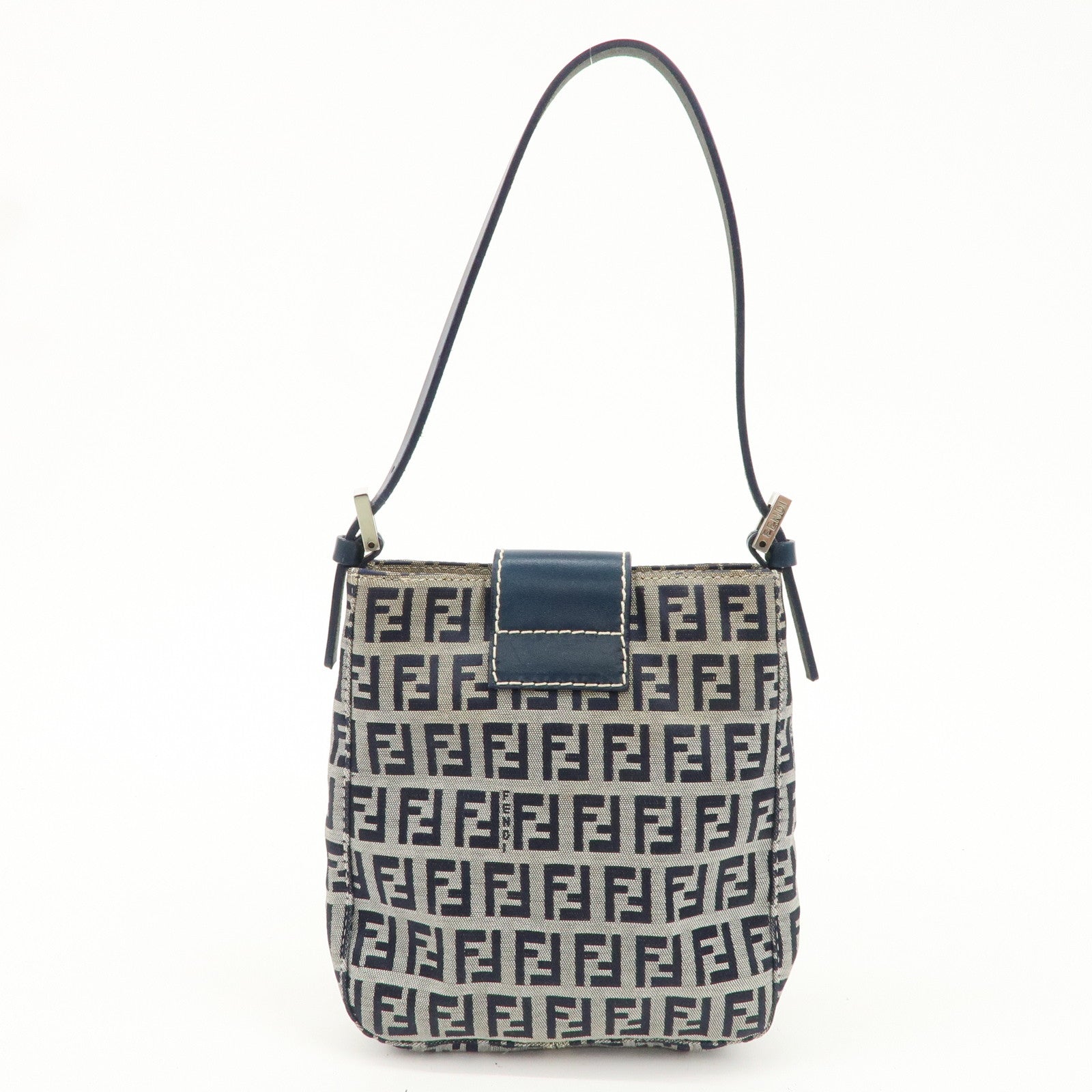 FENDI Zucchino Canvas Leather Shoulder Hand Bag Beige Navy