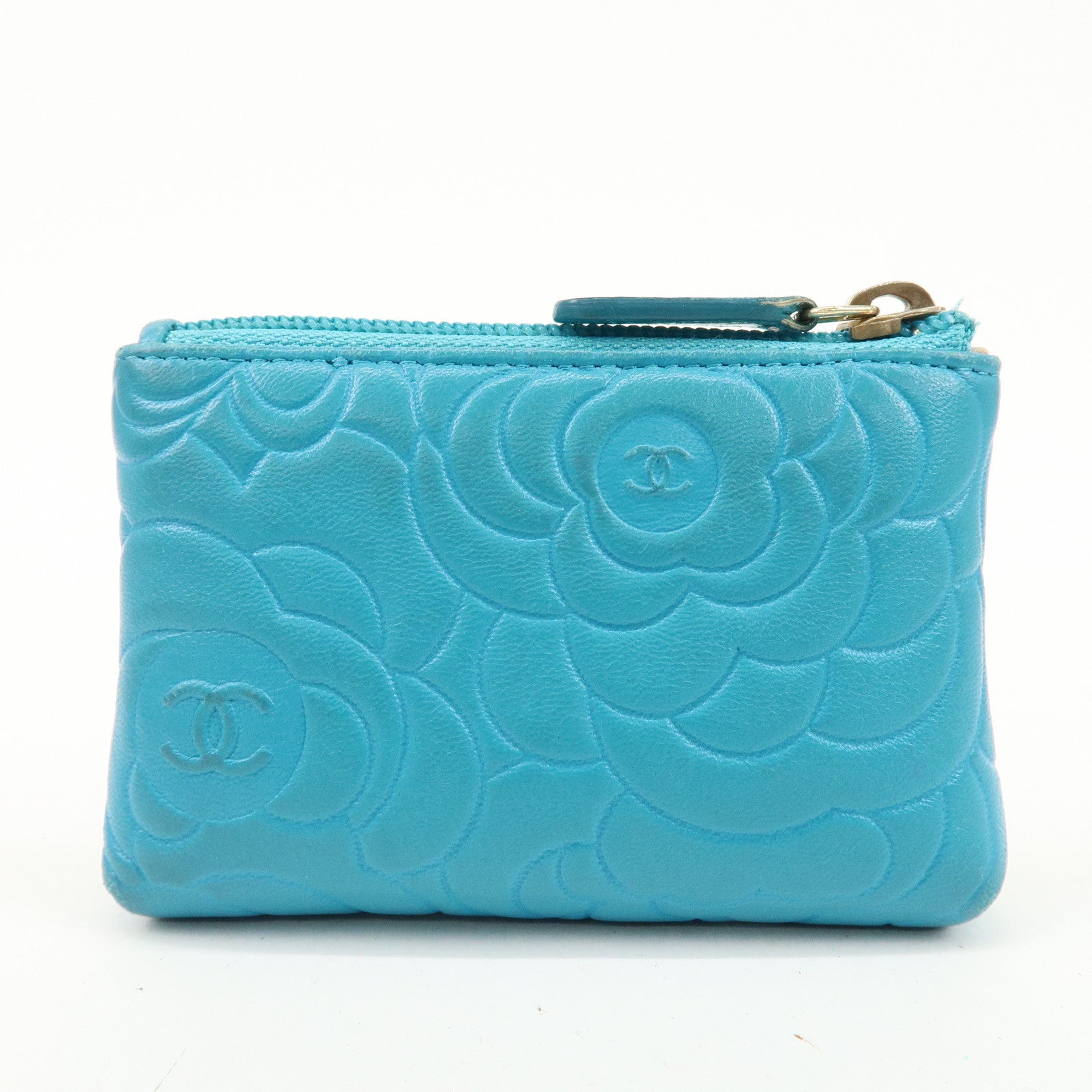 CHANEL Camellia Coco Mark Lamb Skin Coin Case Blue A50090