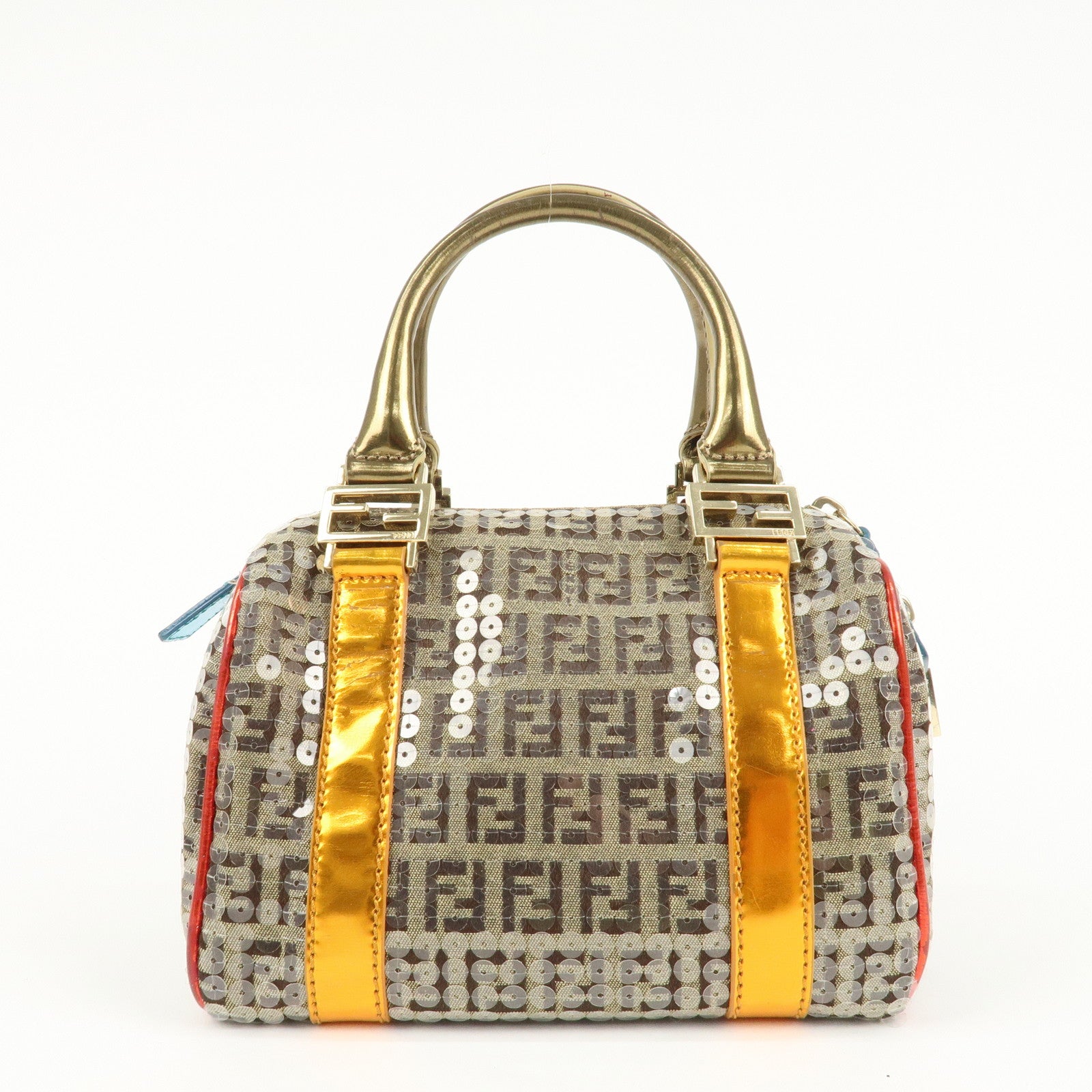 FENDI Zucchino Flip Sequin Canvas Patent Leather Boston Bag 8BL071 Used