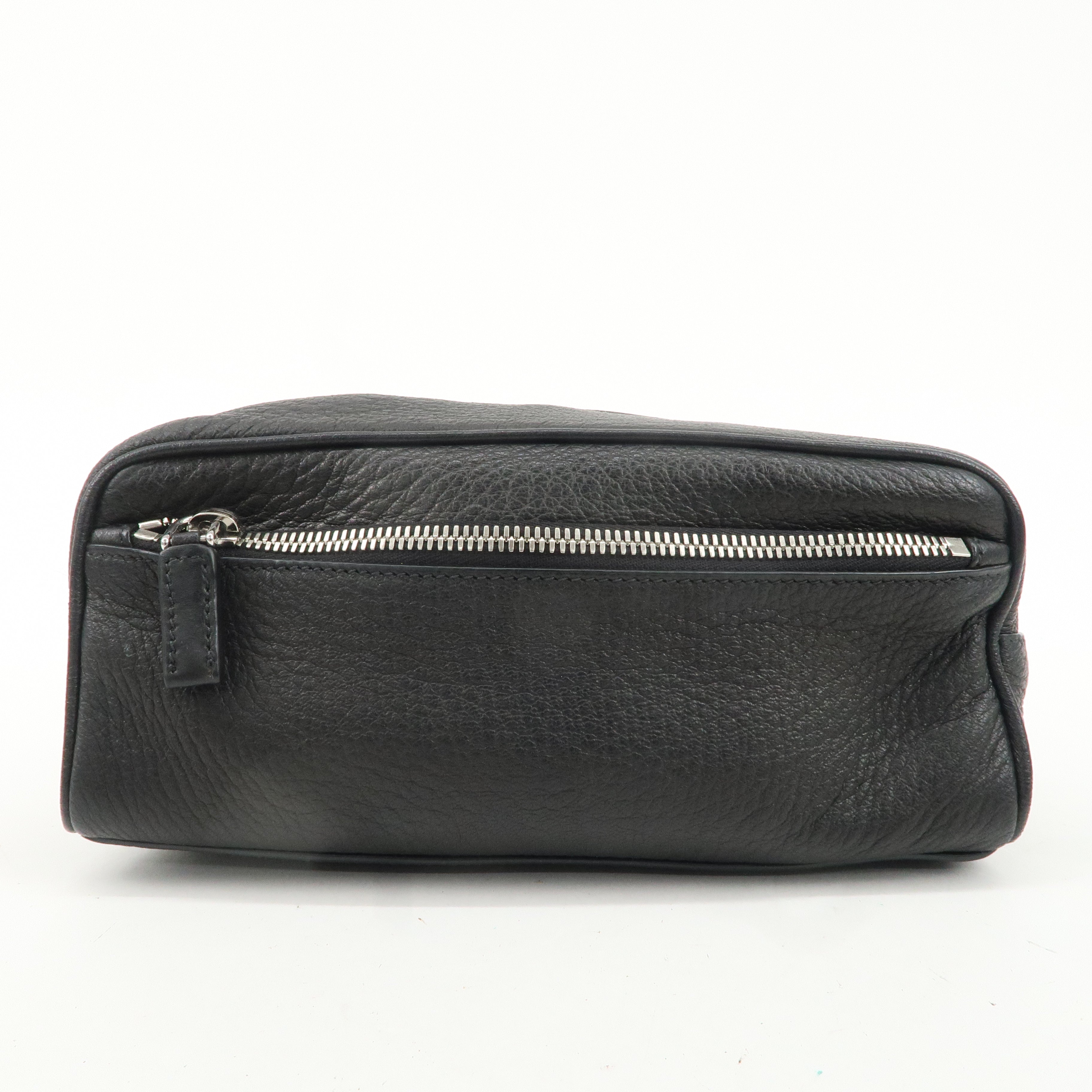 PRADA Logo Leather Pouch Cosmetic Pouch Black Silver HDW