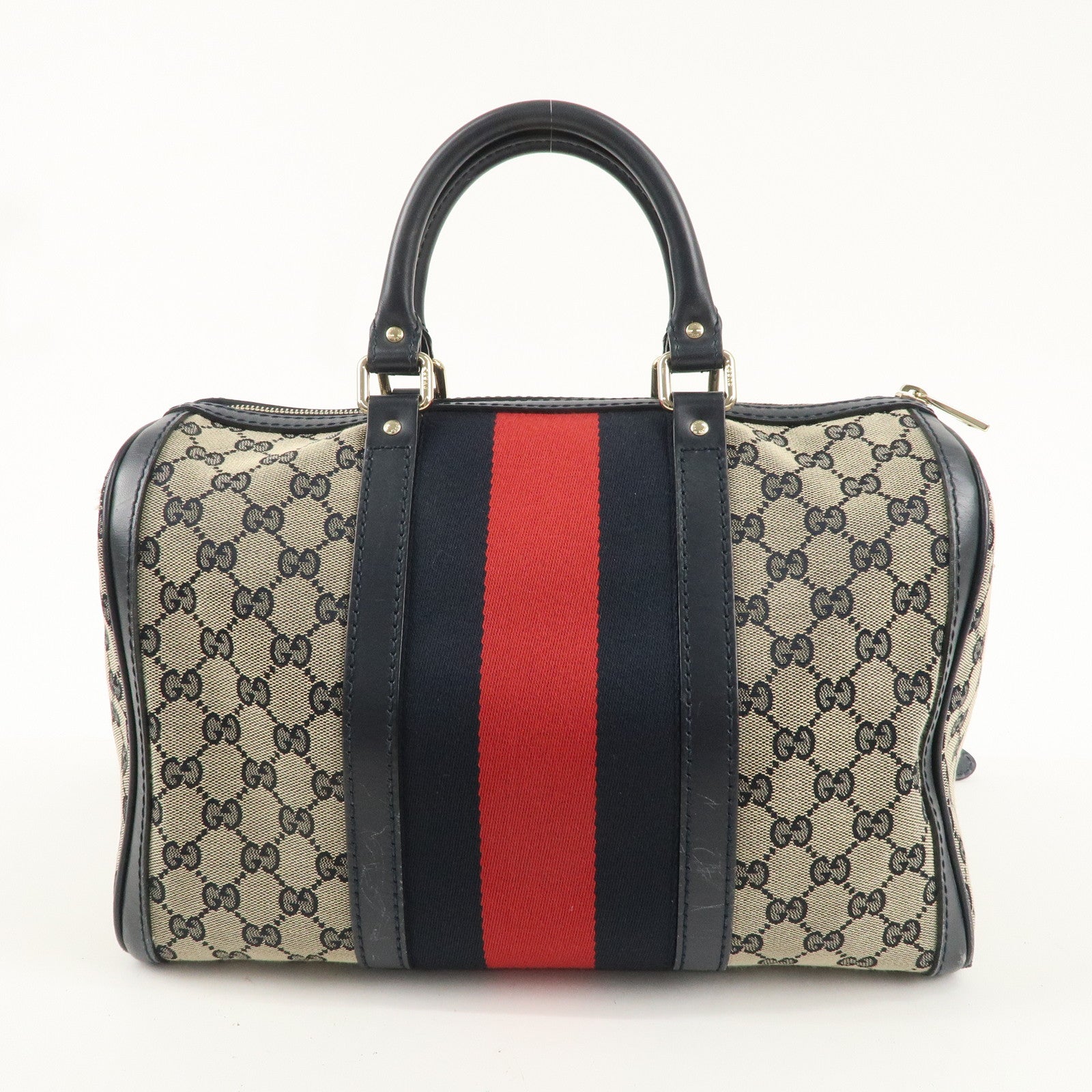 GUCCI Sherry GG Canvas Leather 2Way Boston Bag Navy 247205