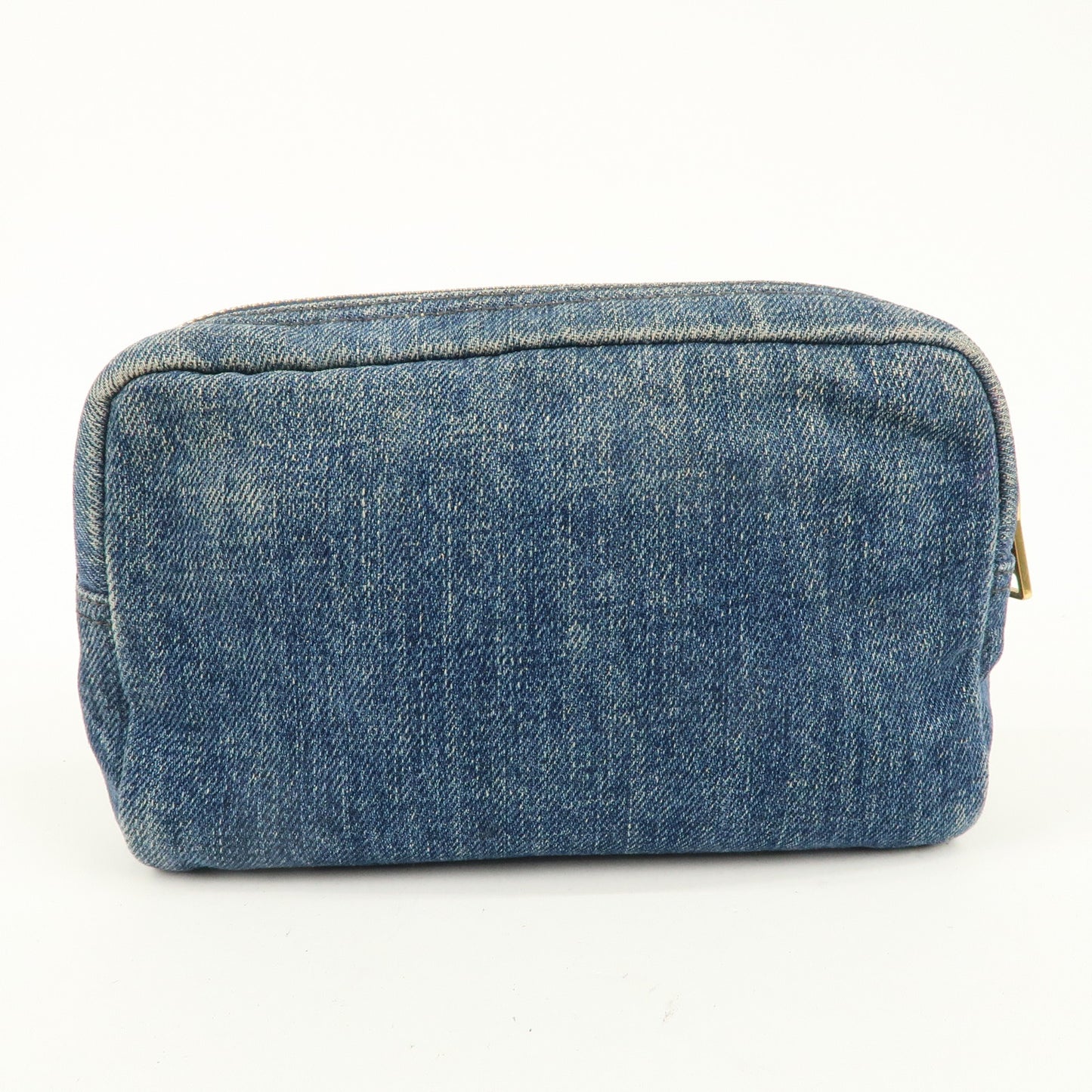 PRADA Triangle Logo Denim Pouch Cosmetic Pouch Blue Gold Hardware