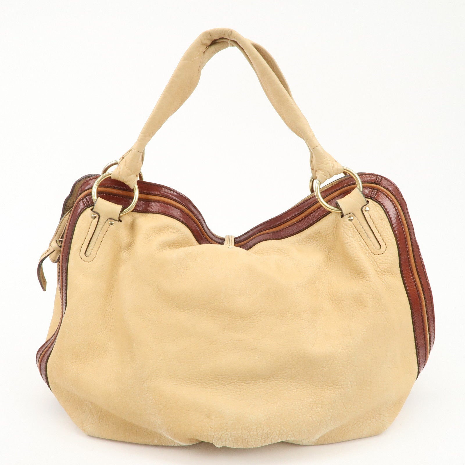 CELINE Bitter Sweet Leather Shoulder Bag Beige Brown Gold Hardware Used