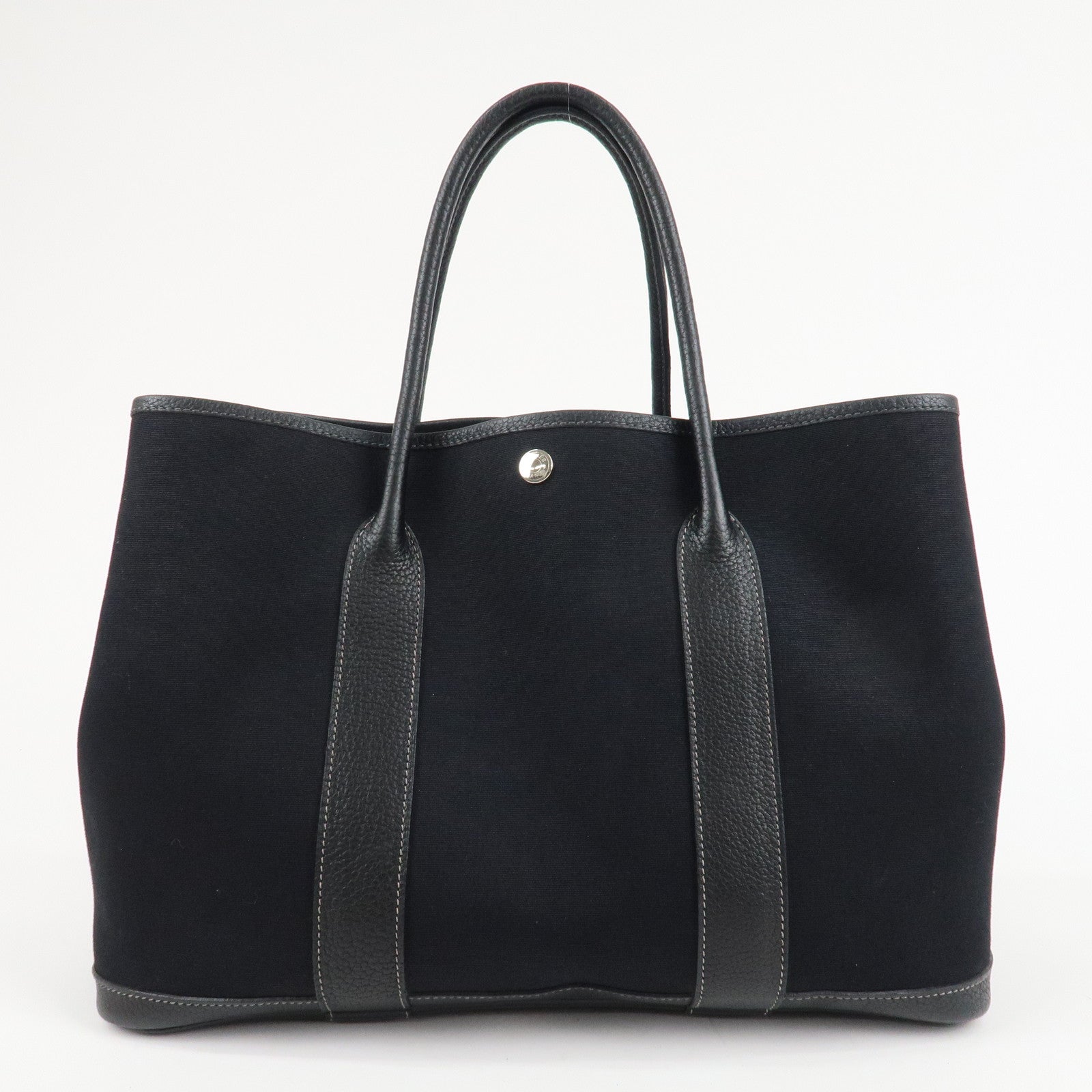 HERMES Garden Party PM G Stamped Canvas Leather Tote Bag Black