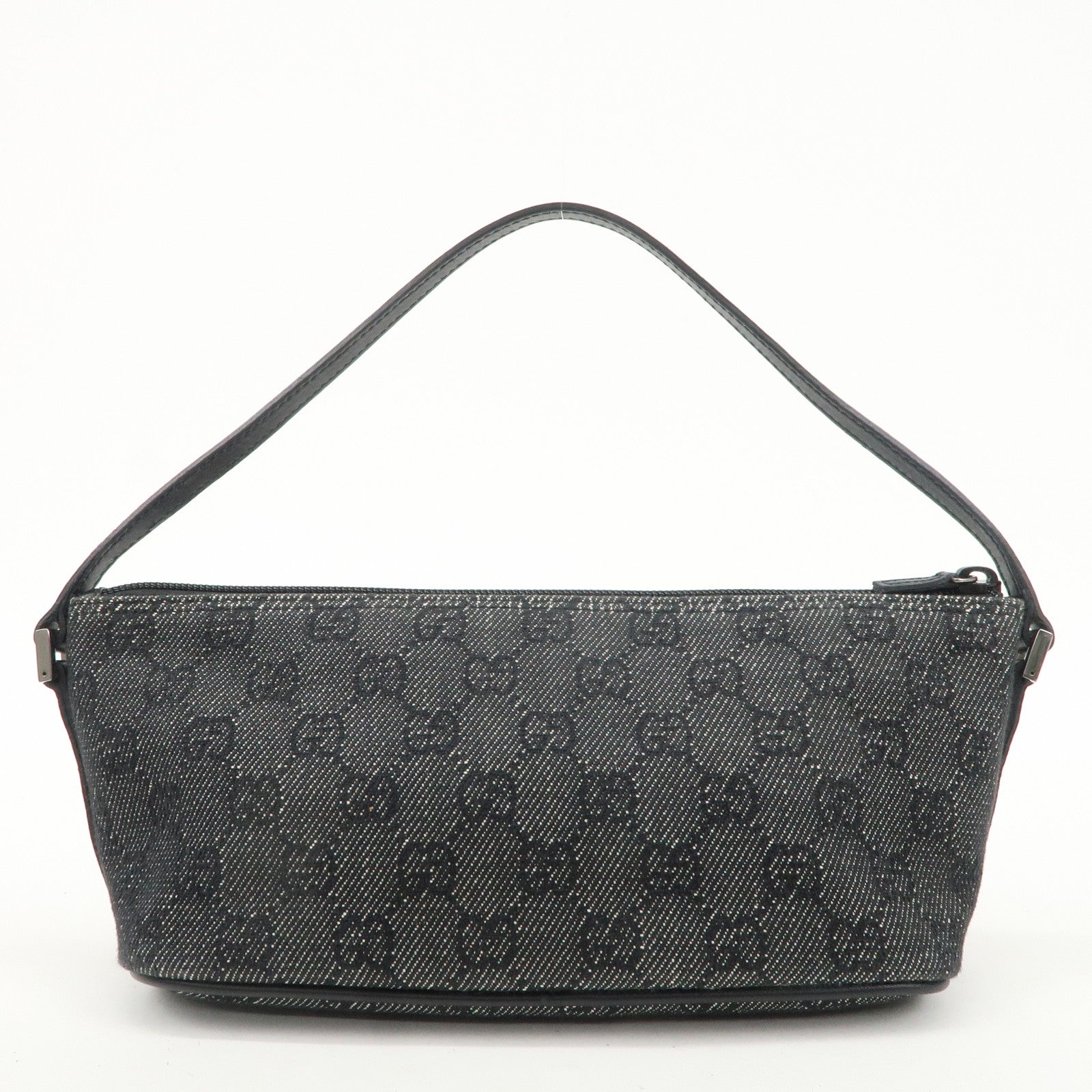 GUCCI Boat Bag GG Denim Leather Hand Bag Pouch Black 7198