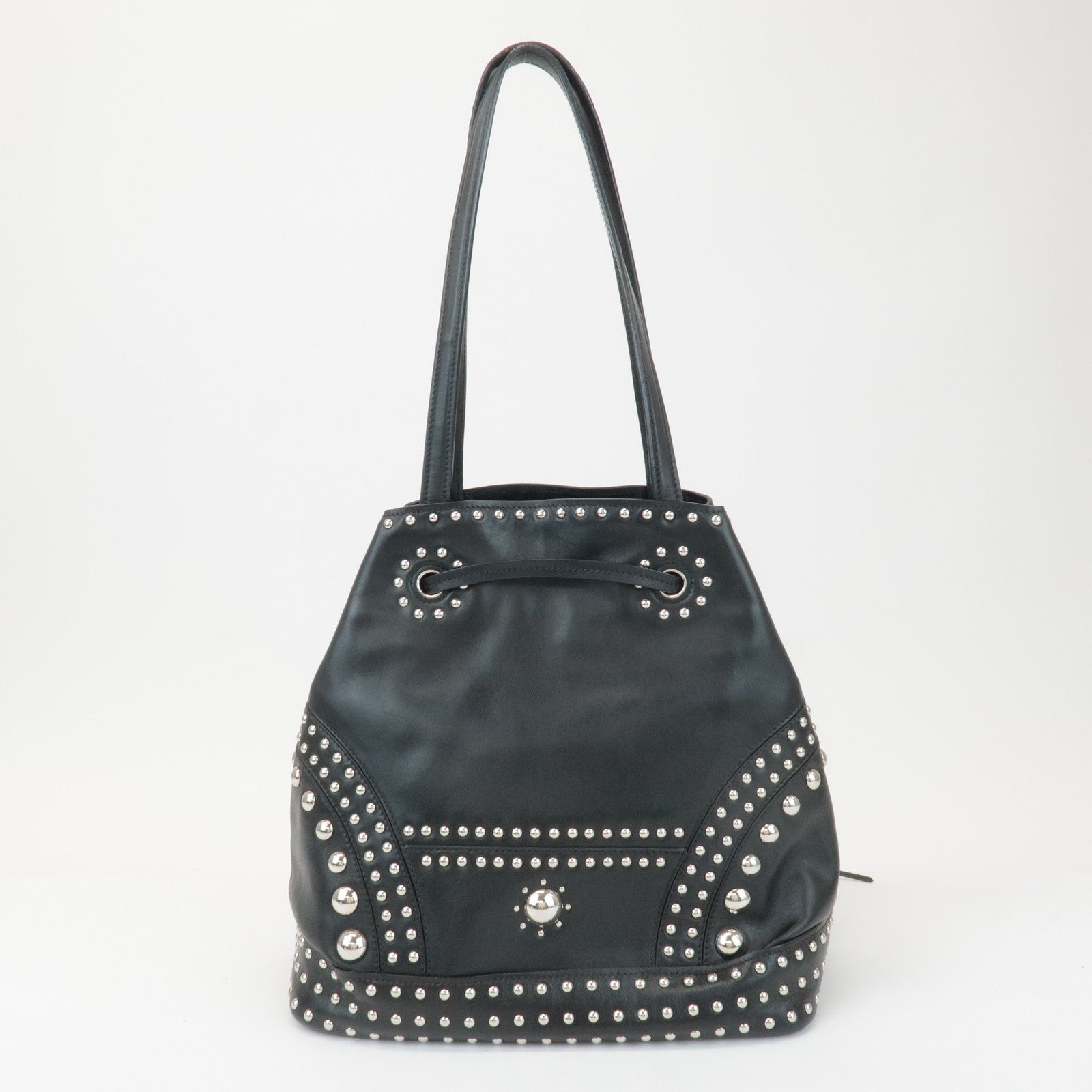 PRADA Calf Leather Drawstring Shoulder Bag Studs Tassel B5061M