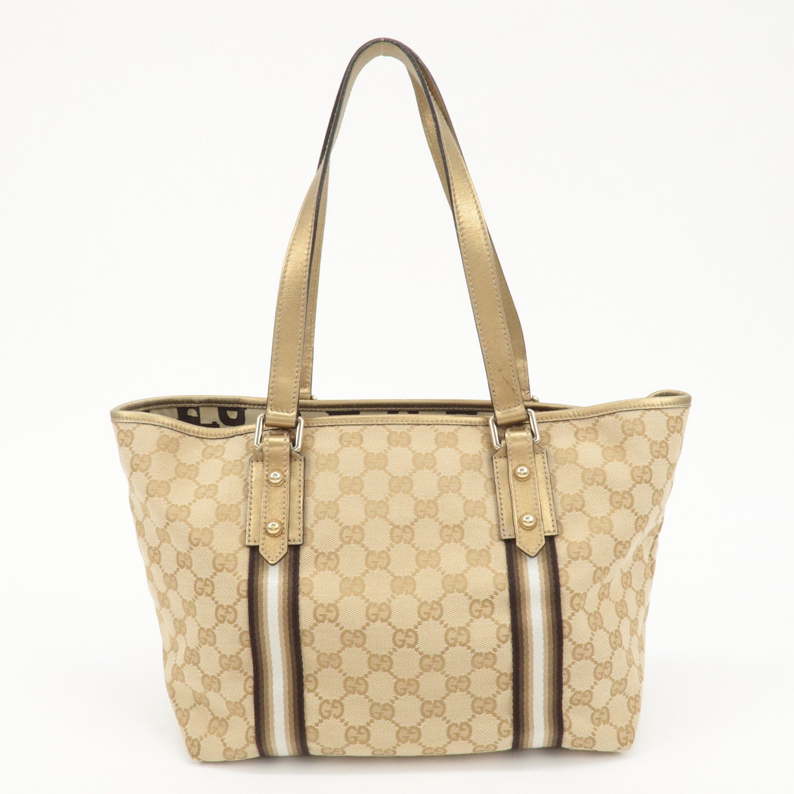 GUCCI GG Canvas Leather Shoulder Tote Bag Beige Gold 137396