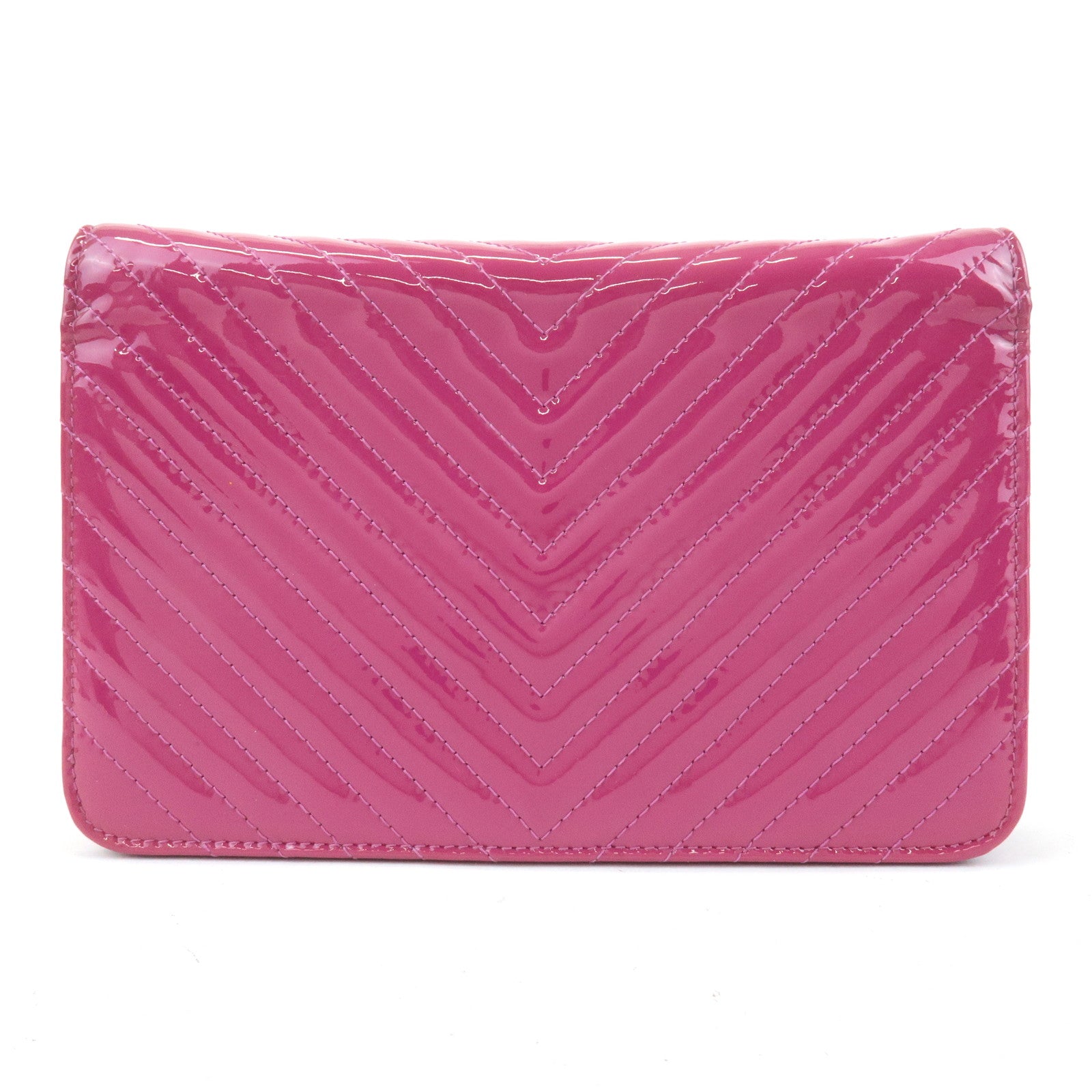 CHANEL COCO Mark Shevron Patent Leather V Stitch Chain Wallet Used