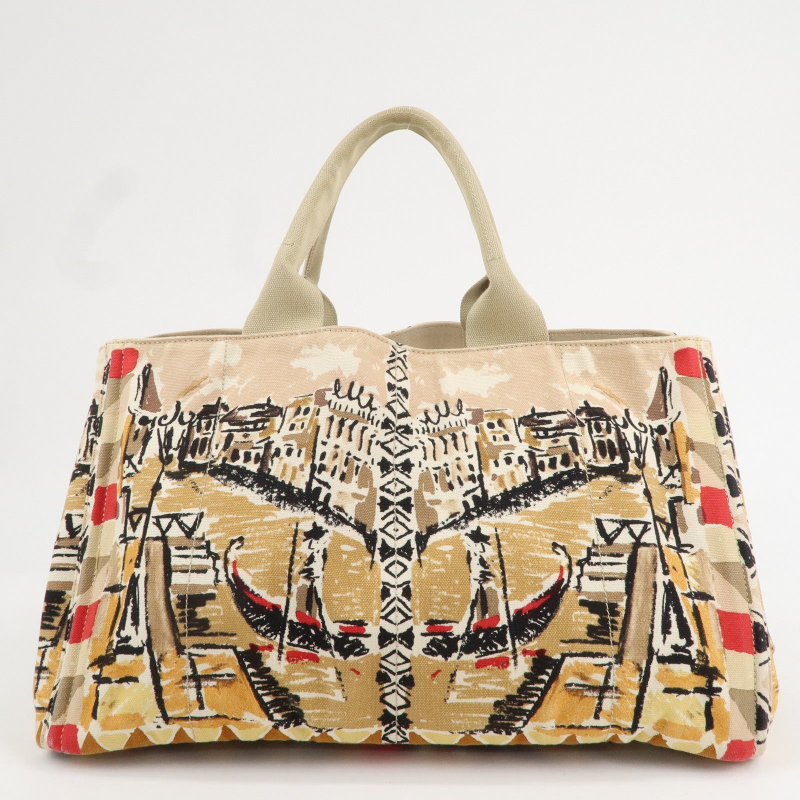 PRADA Canapa Tote Bag Hand Bag Beige Brown Sketch Pattern