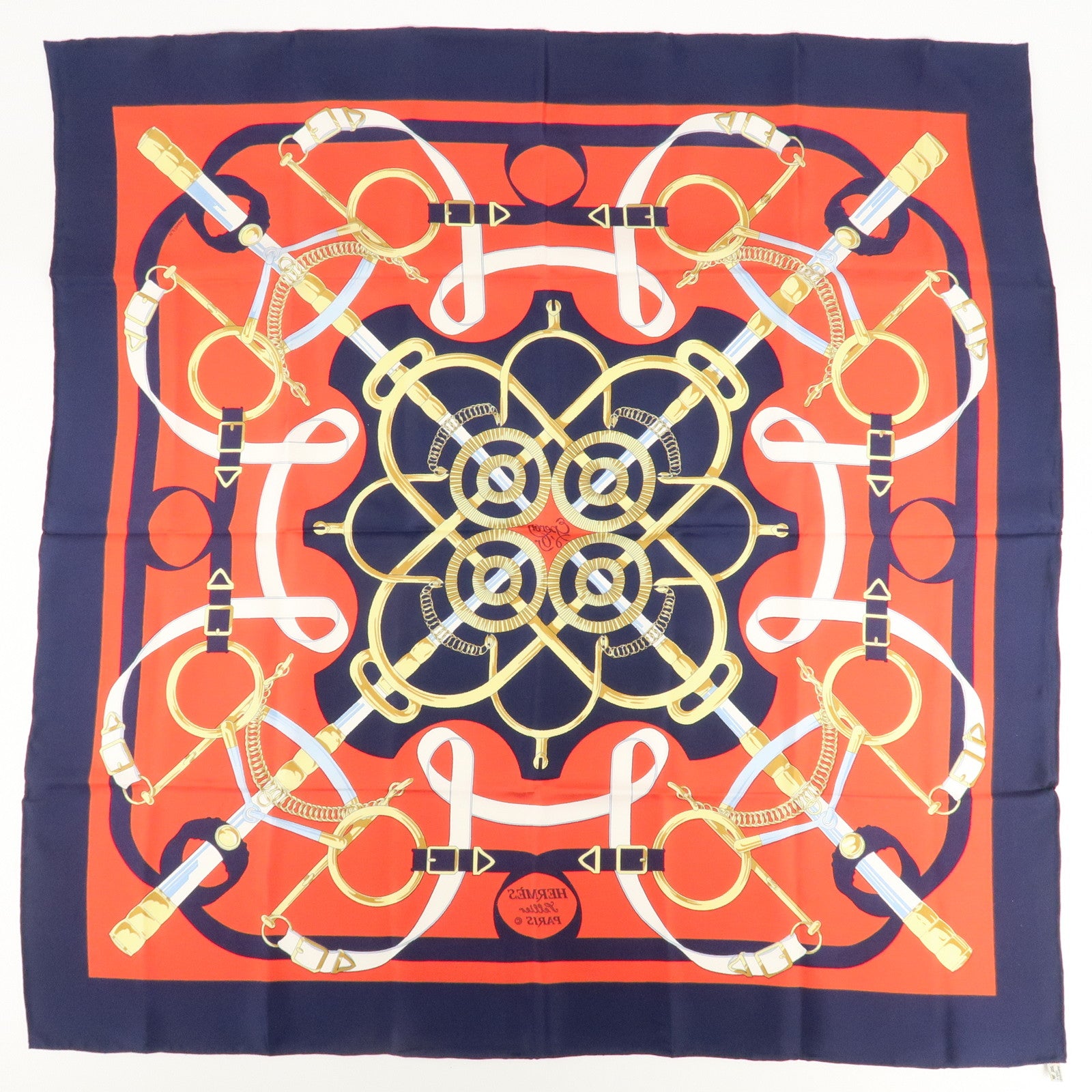 HERMES Carre 90 100% Silk Scarf Eperon d'or Red Navy Gold Used