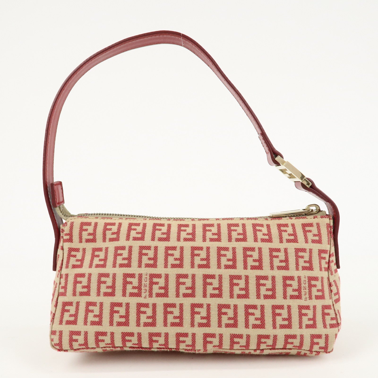 FENDI Zucchino Canvas Leather Semi-Shoulder Bag Beige Red 8BR443