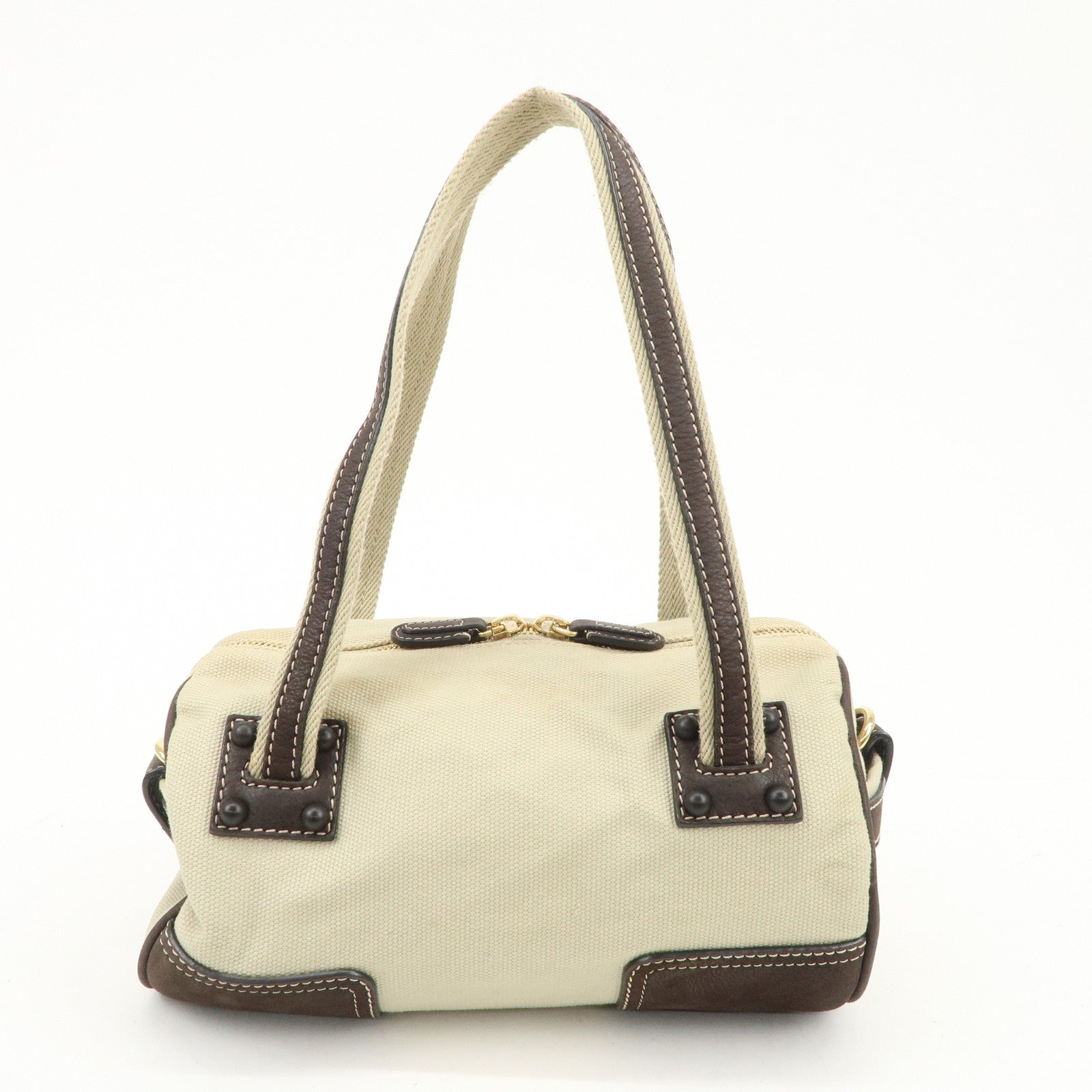 LOEWE Anagram Canvas Leather Mini Boston Bag Ivory Dark Brown Used