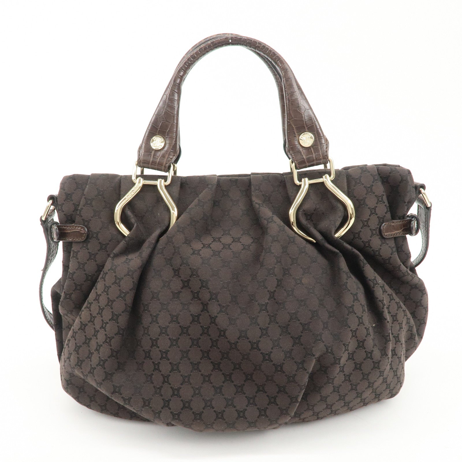 CELINE Macadam Canvas Leather 2Way Bag Gold Charm Dark Brown Used