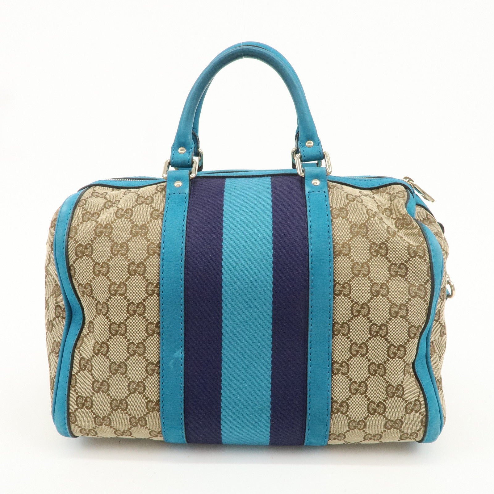 GUCCI Sherry GG Canvas Leather Boston Bag Beige Blue 247205