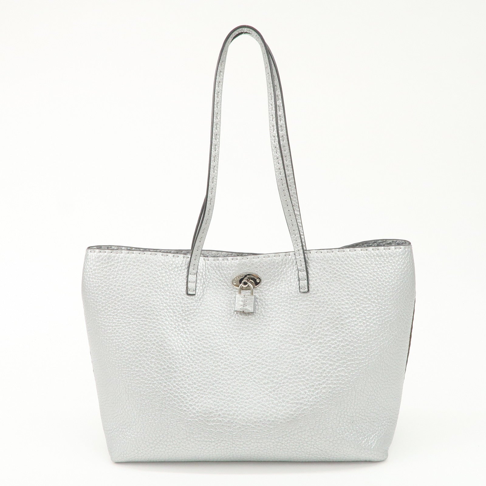 FENDI Selleria Leather Small Carla Tote Bag Silver 8BH257 Used