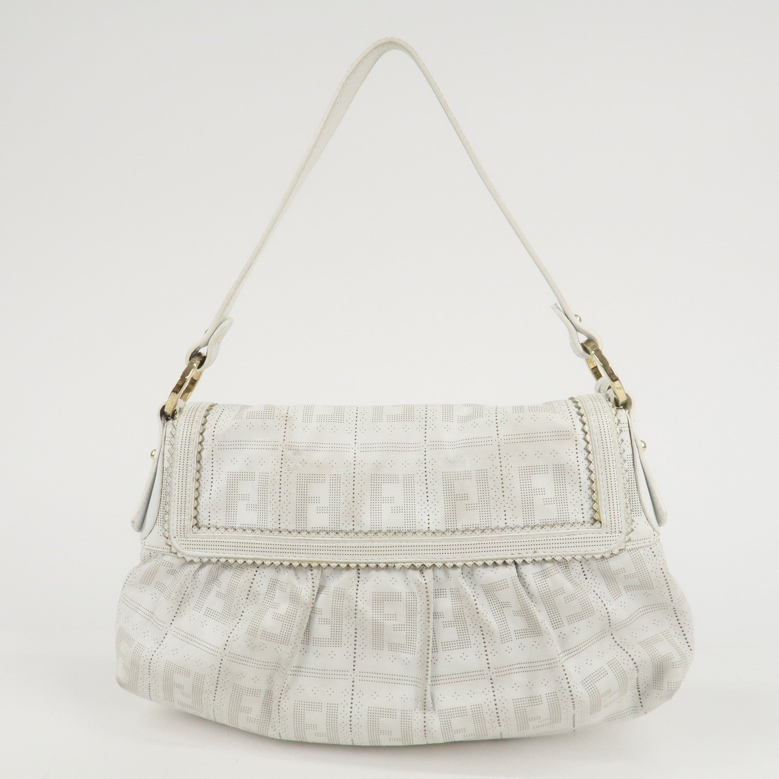 FENDI Zucca Leather Shoulder Bag Hand Bag White 8BR445