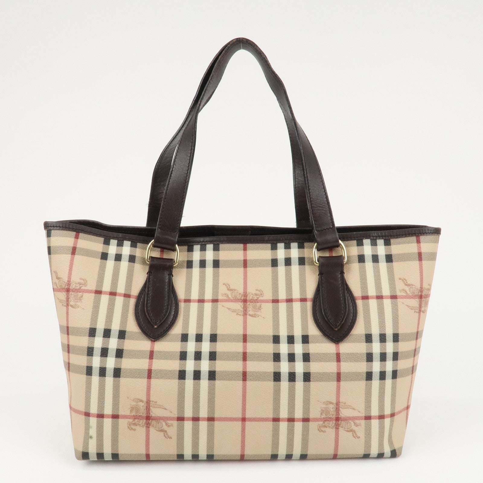 BURBERRY Nova Plaid PVC Leather Tote Bag Dark Brown Used