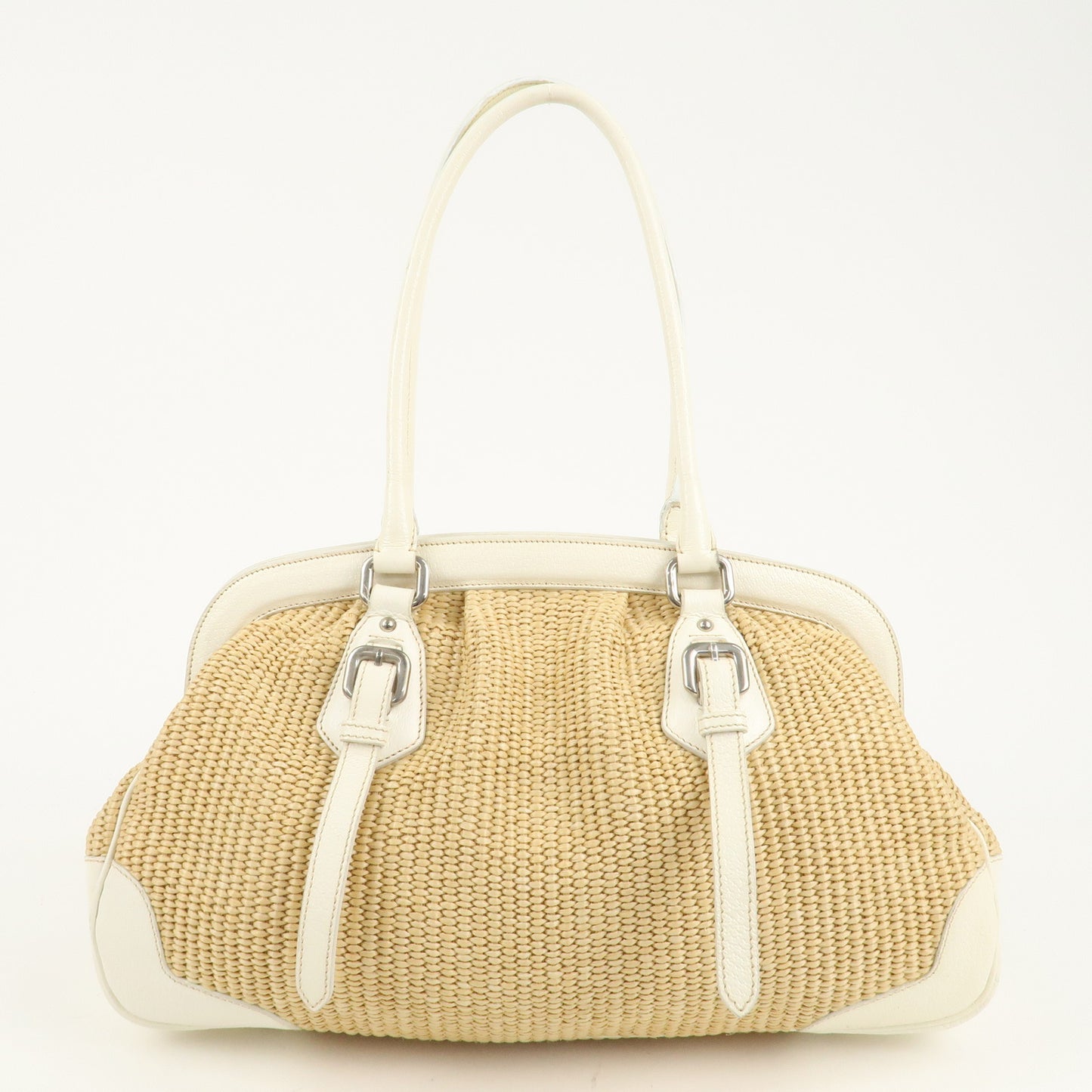 PRADA Logo Raffia Leather Hand Bag Shoulder Bag Ivory BR3508