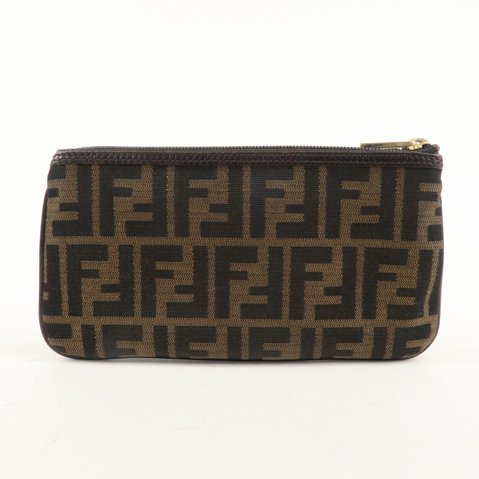 FENDI Zucca Canvas Leather Pouch Purse Khaki Brown 8N0038