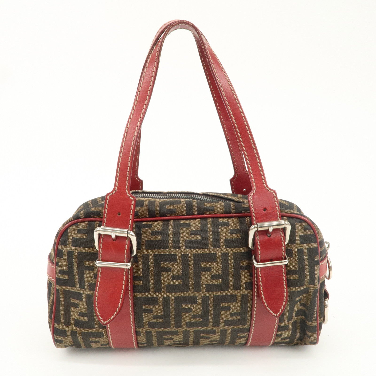 FENDI Zucca Canvas Leather Boston Bag Brown Black Red 8BR149