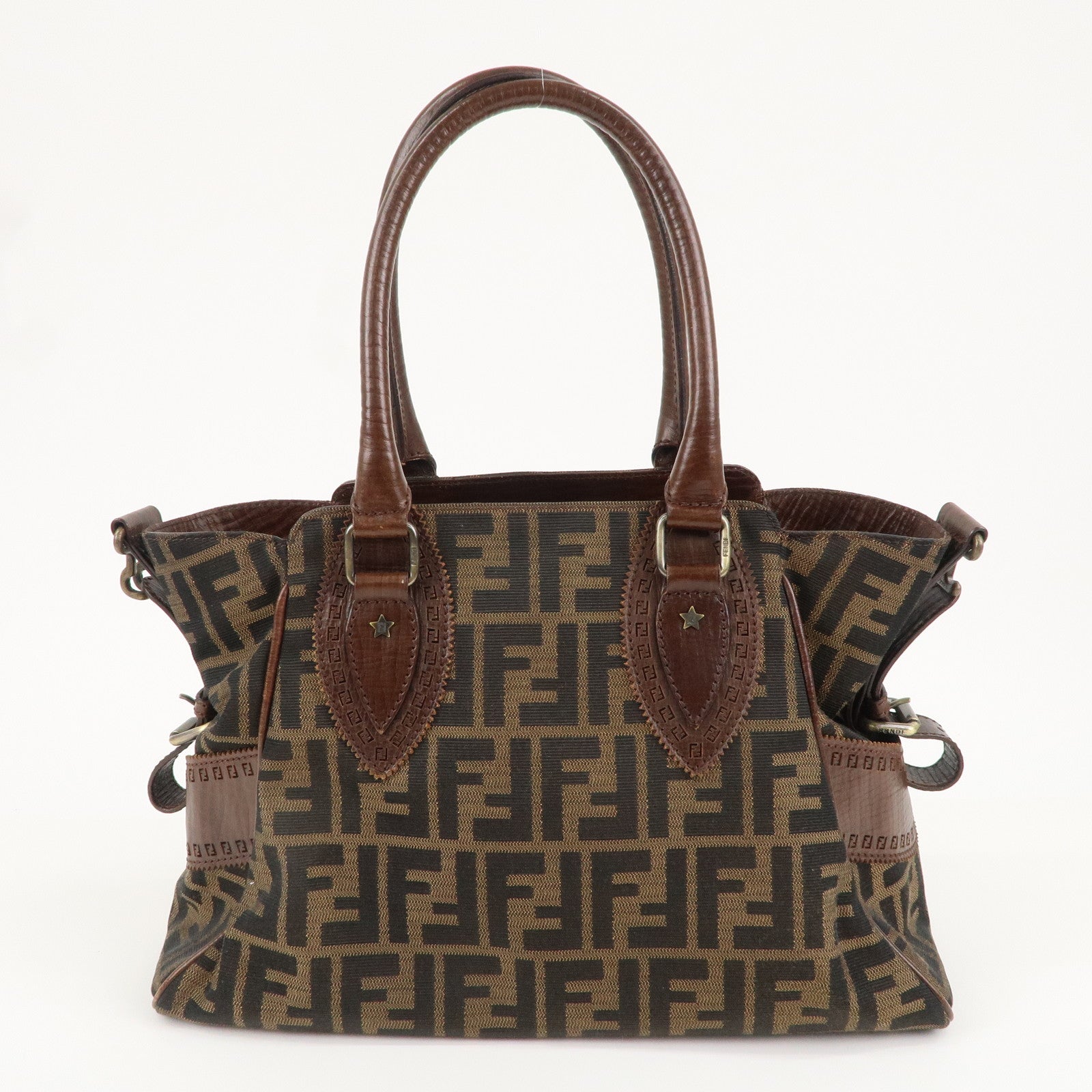 FENDI Ethnico Zucca Canvas Leather Shoulder Bag Brown 8BN157