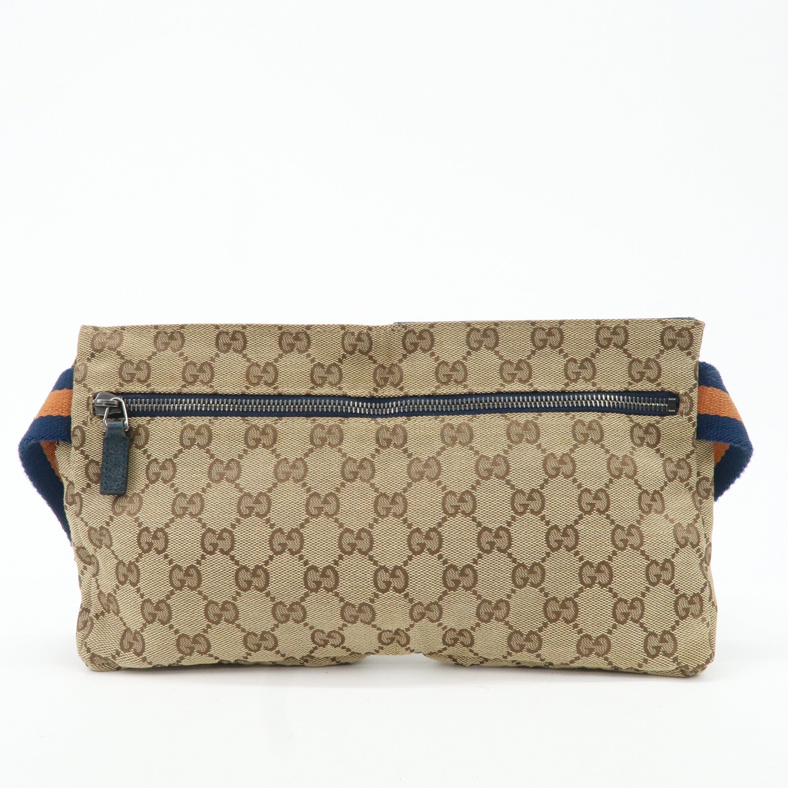 GUCCI GG Canvas Leather Waist Bag Waist Pouch Beige Navy 28566