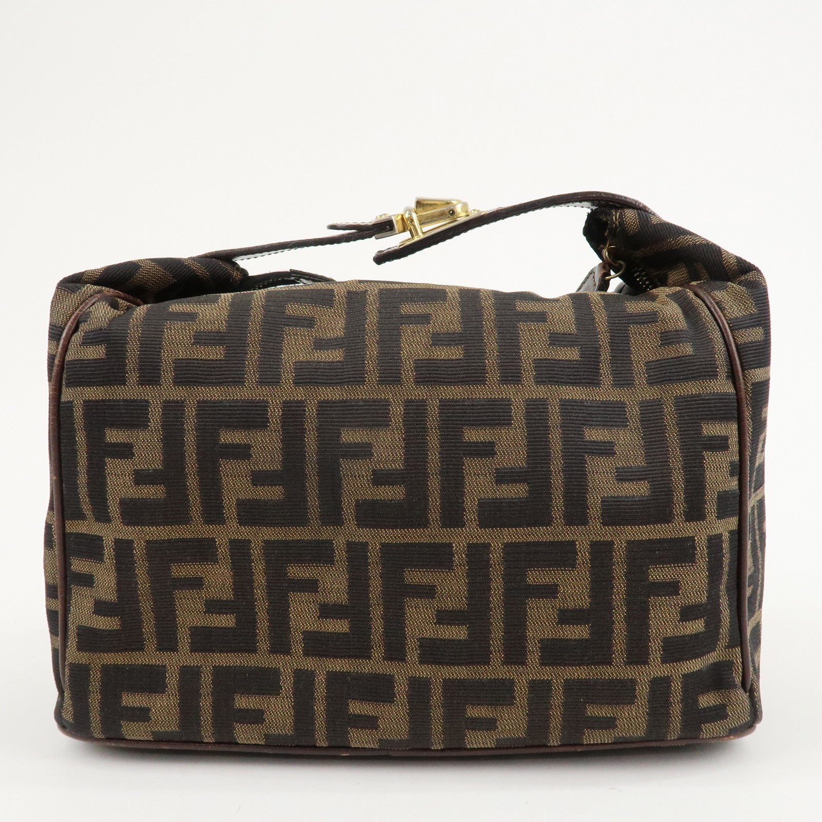 FENDI Zucca Canvas Leather Hand Bag Brown Black Gold Hardware