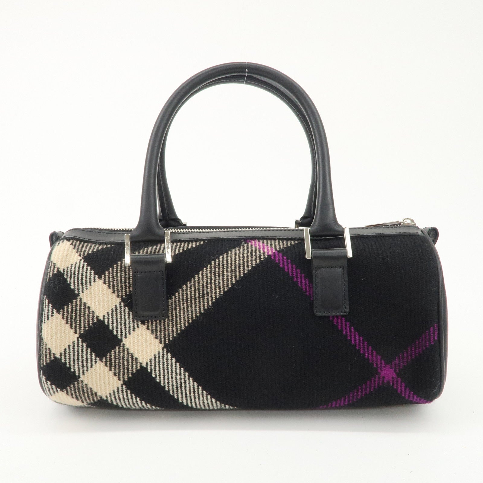 BURBERRY Wool Leather Boston Bag Hand Bag Black Beige Purple