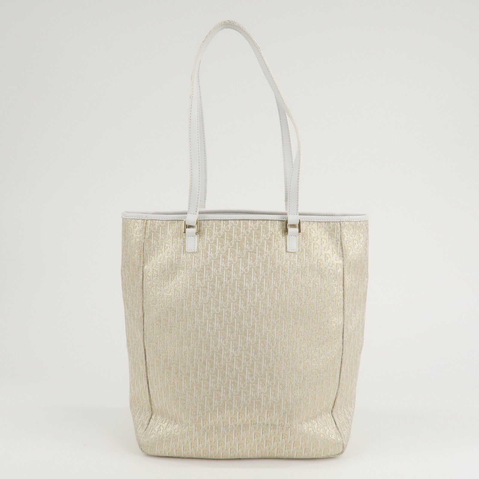 Christian Dior Trotter Canvas Leather Tote Bag Glitter Gold White