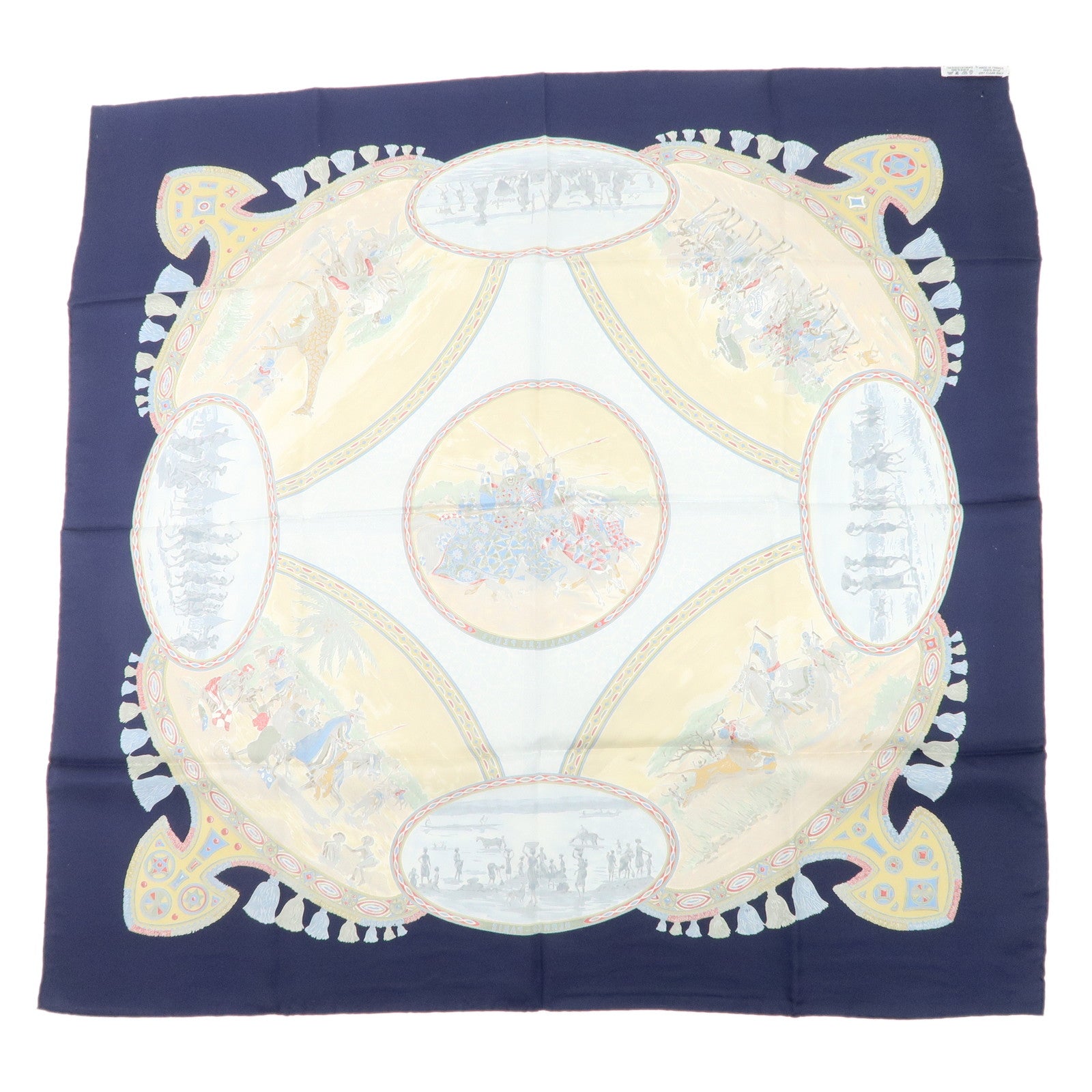 HERMES Carre 90 Silk 100%  Scarf CAVALIERS PEULS Navy Blue Used