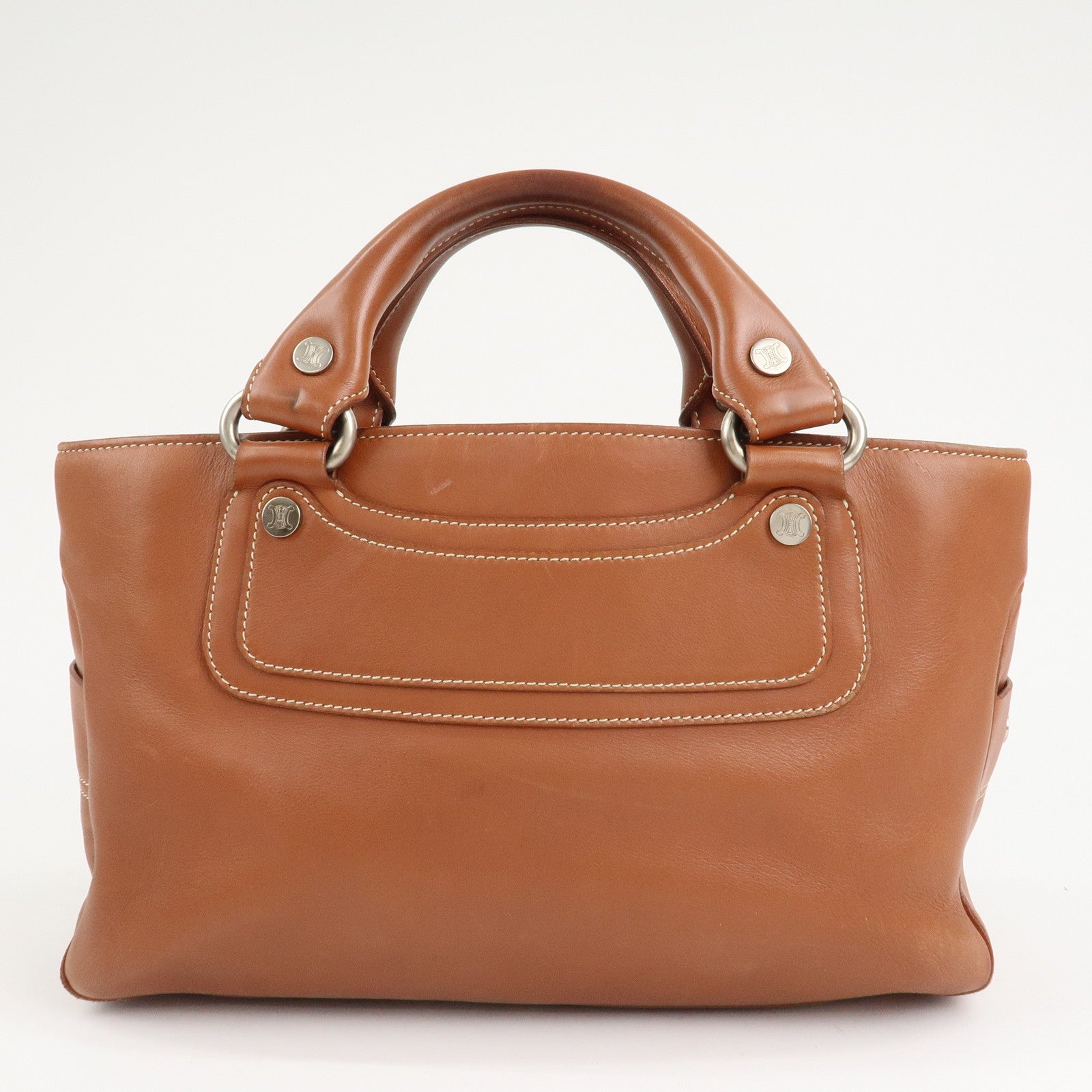 CELINE Leather Triomphe Button Boogie Bag Macadam Engraved Brown Used