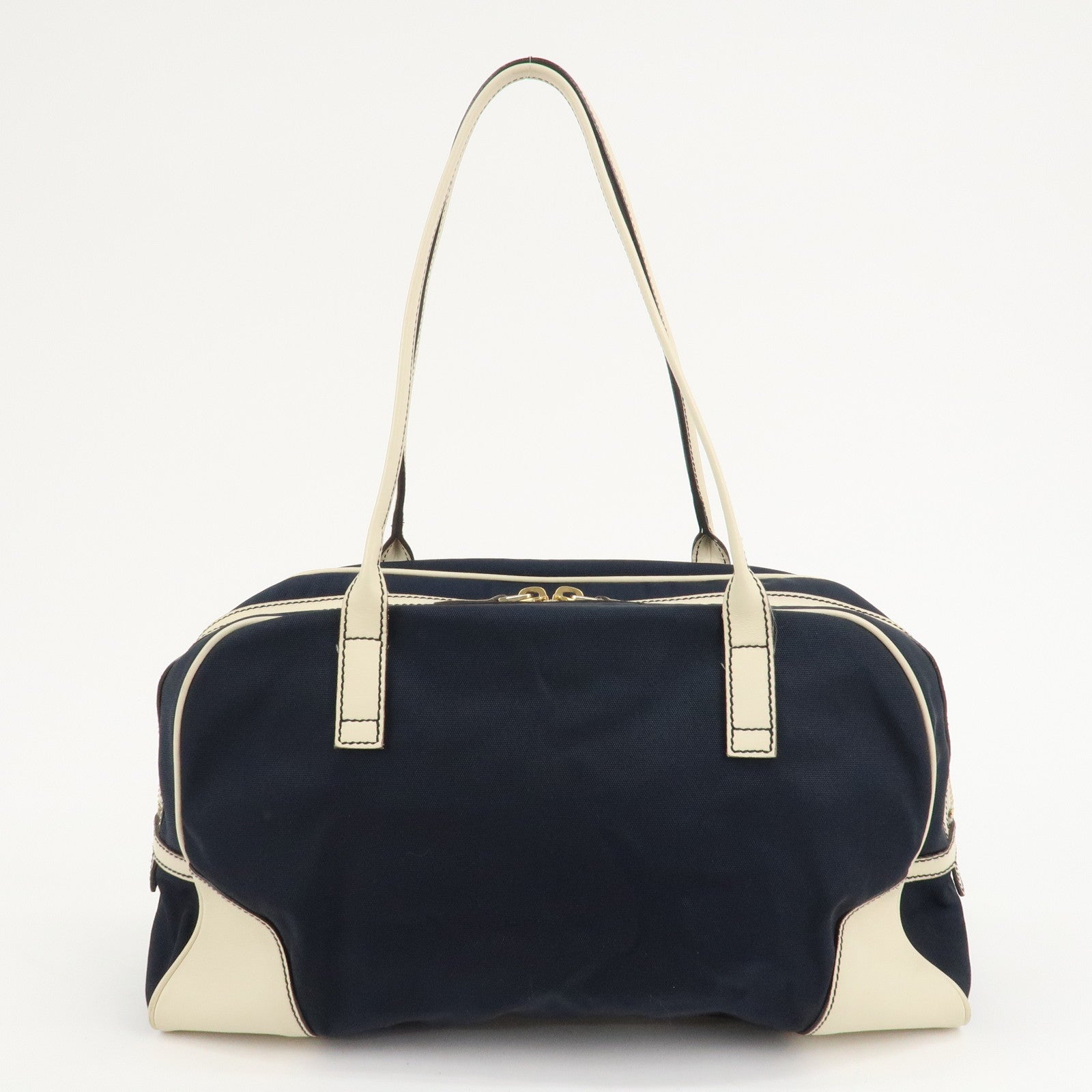 GUCCI Canvas Leather Boston Bag Hand Bag Navy Ivory 169973