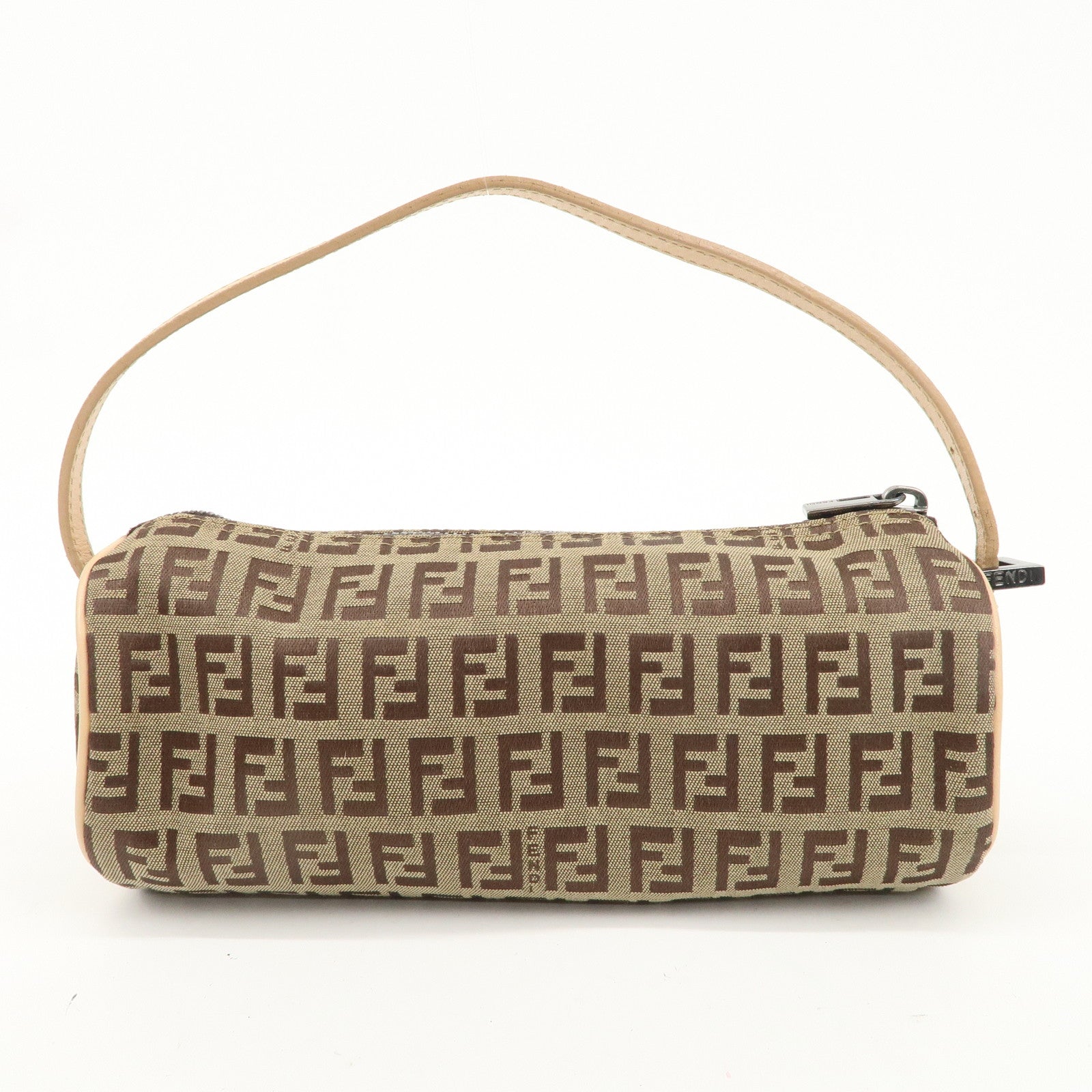 FENDI Zucchino Canvas Leather Pouch Hand Bag Beige Brown 7N0036