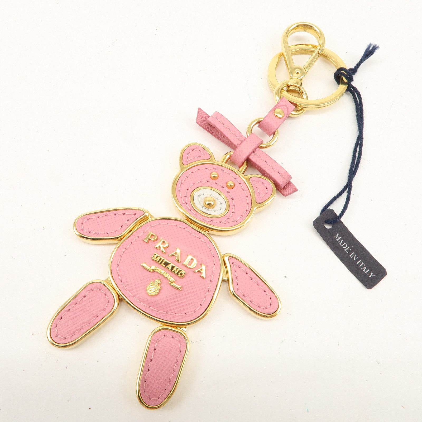 PRADA Saffiano Leather Metal Bear Bag Charm Key Chain Pink