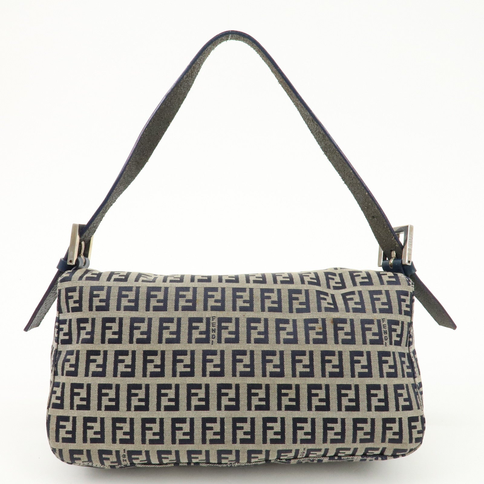 FENDI Zucchino Canvas Leather Shoulder Bag Navy Silver HDW 26725