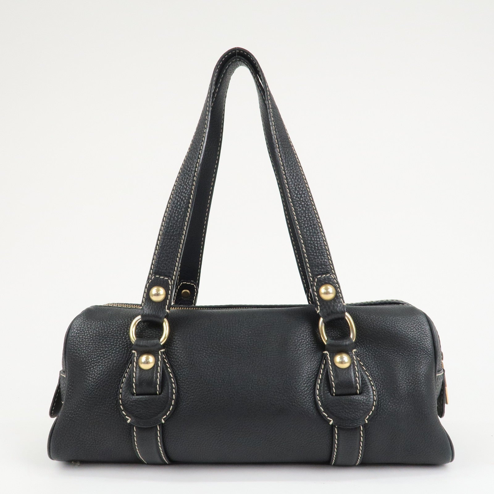 CELINE Leather Macadam Engraved Boston Bag Shoulder Bag Black Used