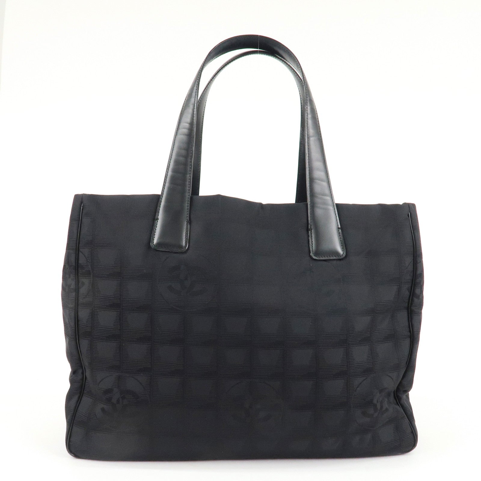 CHANEL Travel Line Nylon Jacquard Leather Tote Bag MM Black A15991