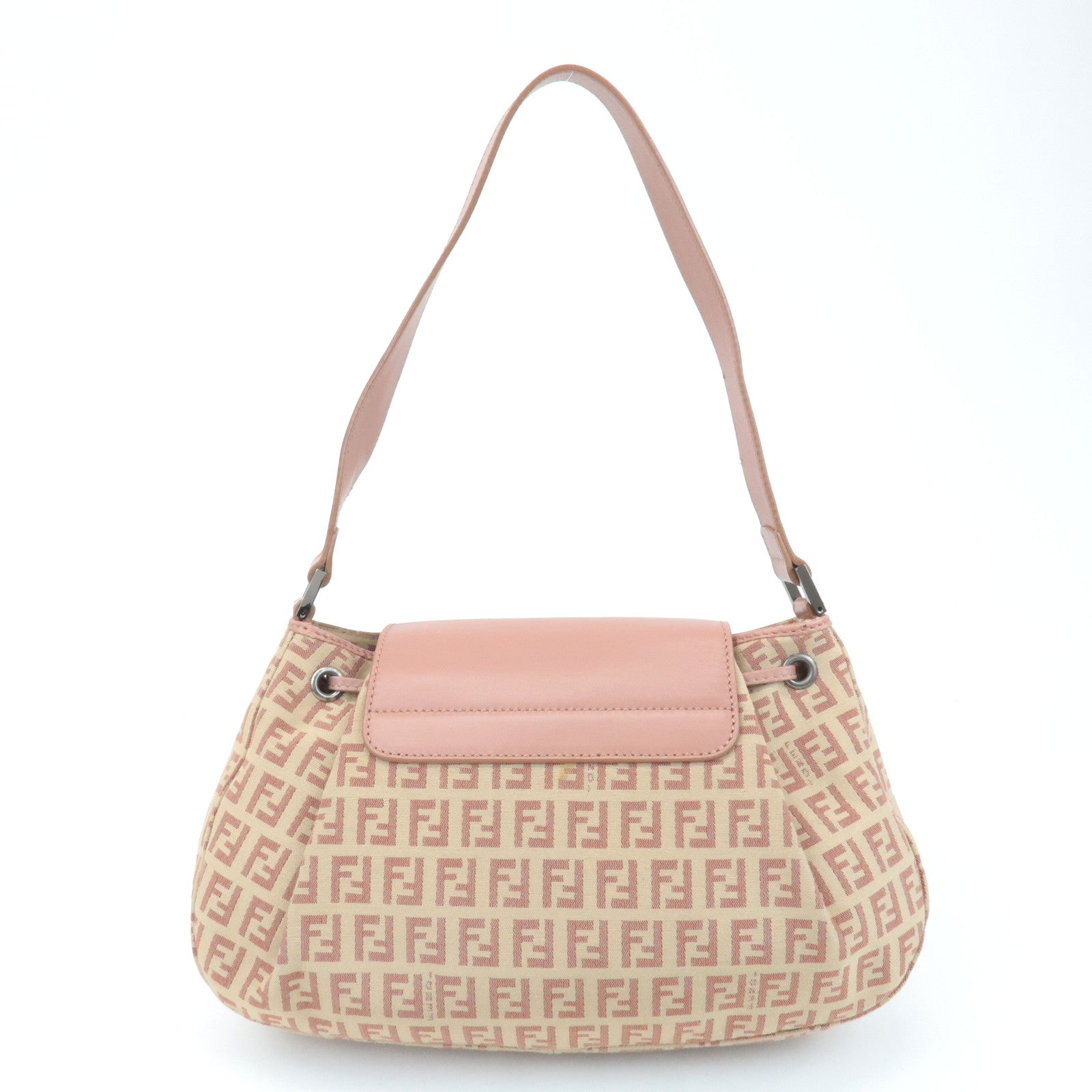 FENDI Zucchino Canvas Leather Shoulder Bag Beige Pink 8BR282