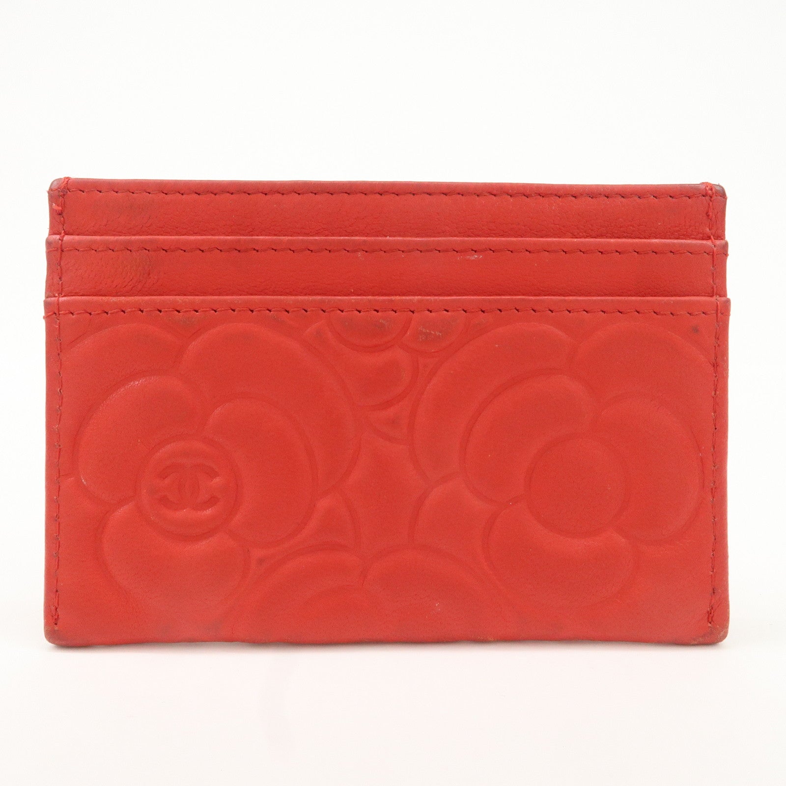 CHANEL Camellia Lambskin Embossed Card Case Red A3173855