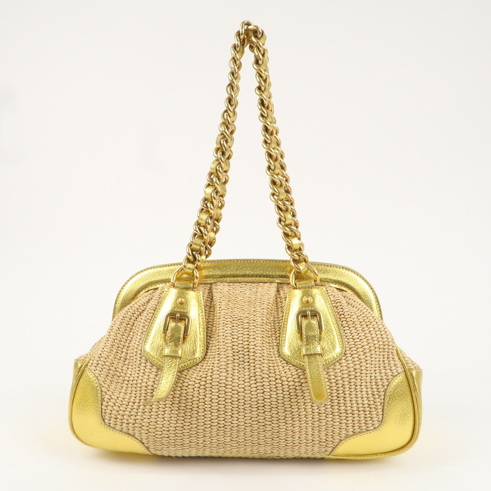 PRADA Raffia Leather Chain Shoulder Bag Natural Gold BR3692