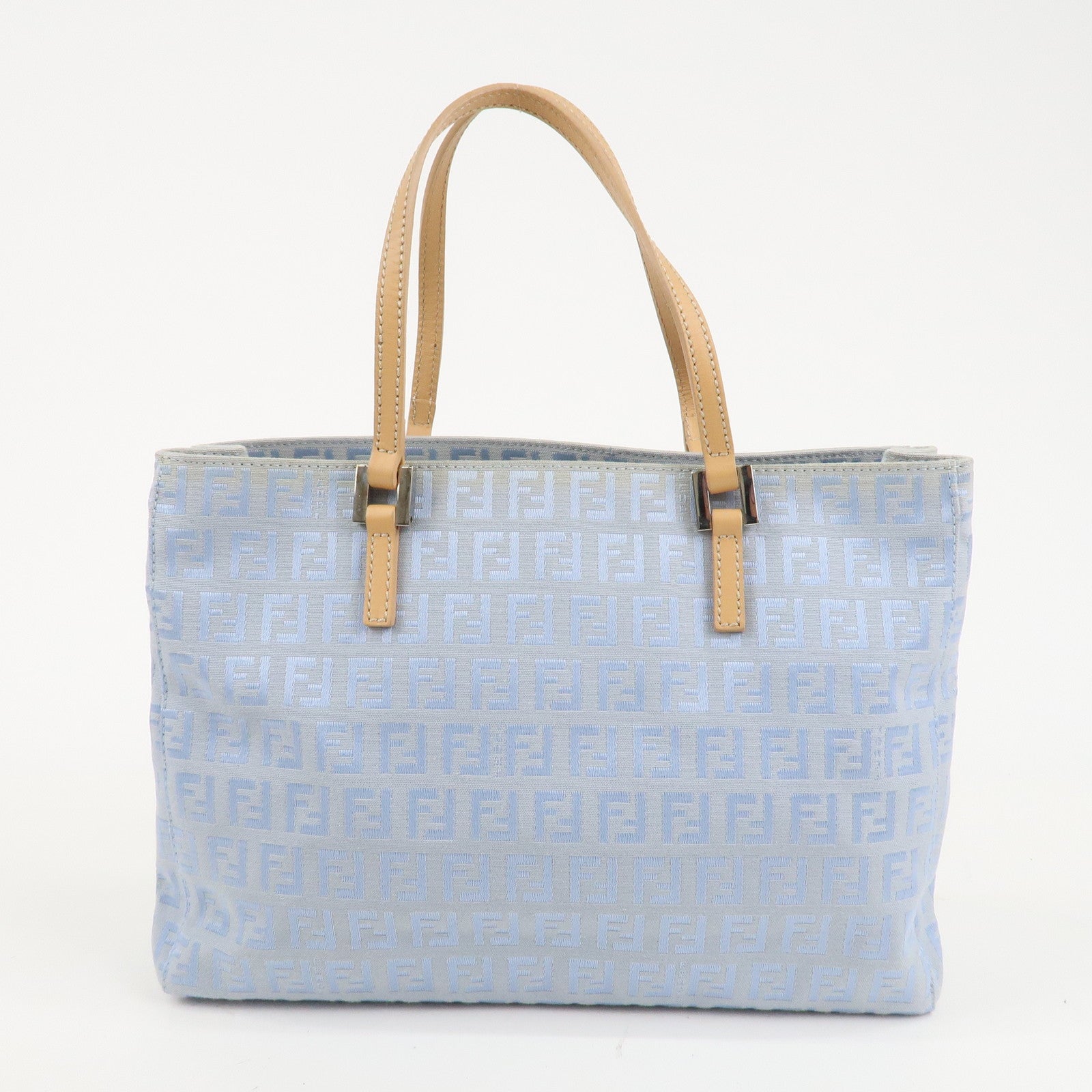 FENDI Zucchino Canvas Leather Tote Bag Light Blue Beige