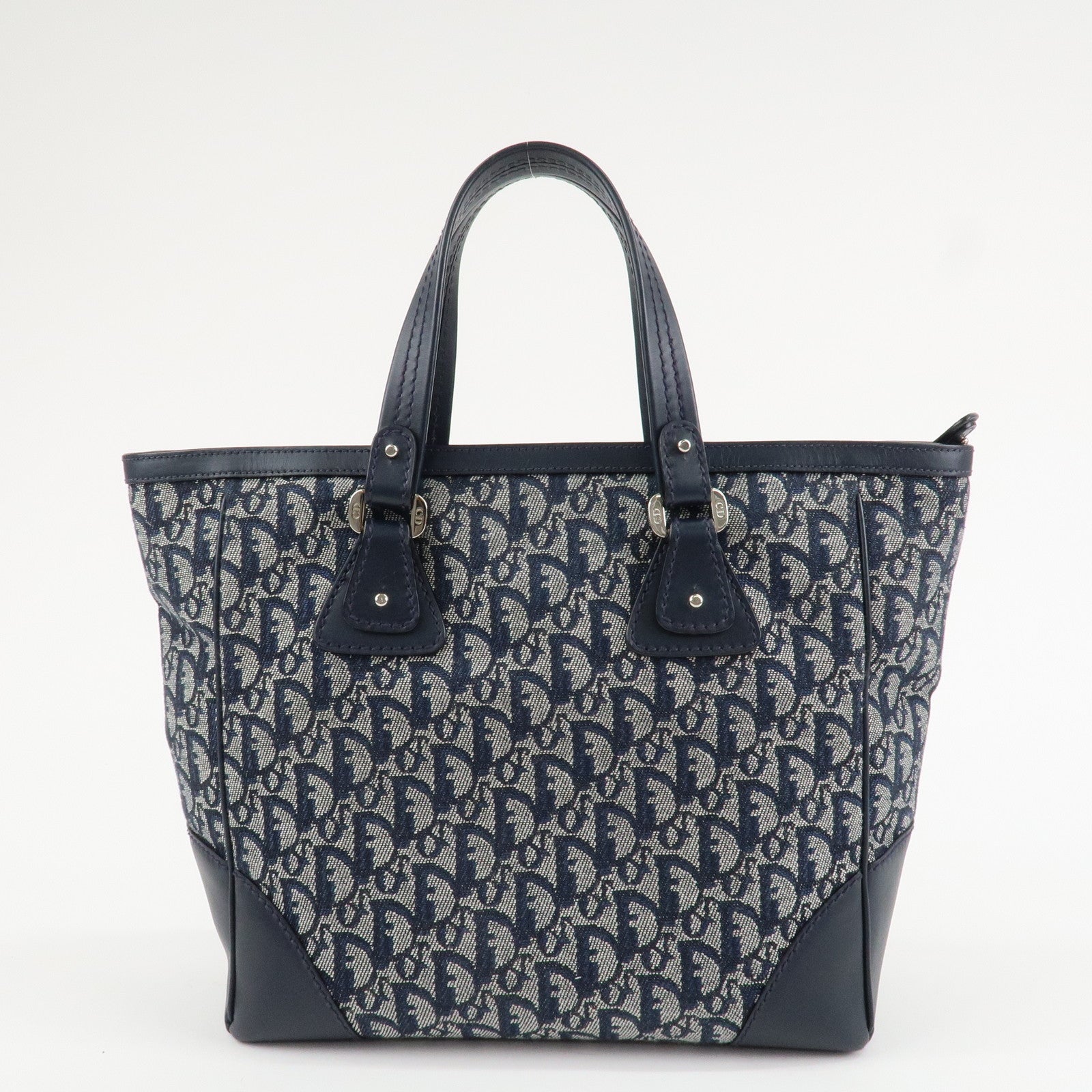 Christian Dior Trotter Canvas Leather Tote Bag Hand Bag Navy White Used