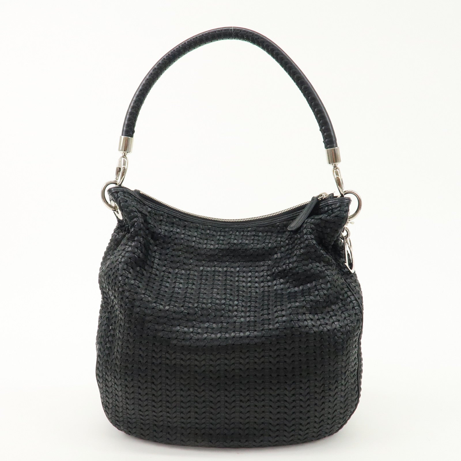 Christian Dior Woven Leather One Shoulder Bag Black Silver HDW